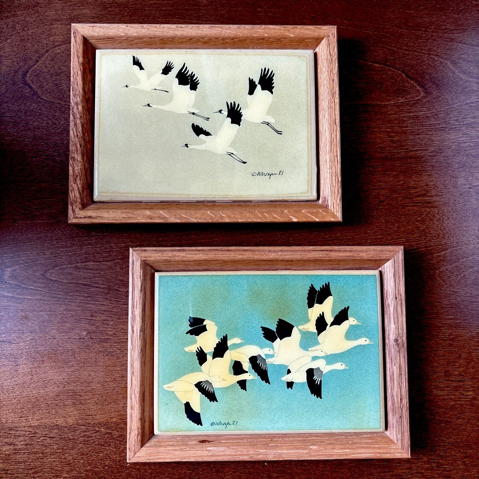 Vintage Painted & Framed Tile Trivets Geese Signed by W. Morgan 1983