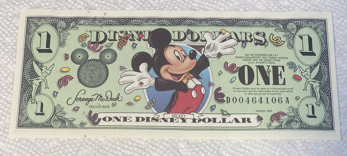 2000-D Block. $1 Disney Dollar. Disney World. Mickey. CU. From Original Pack