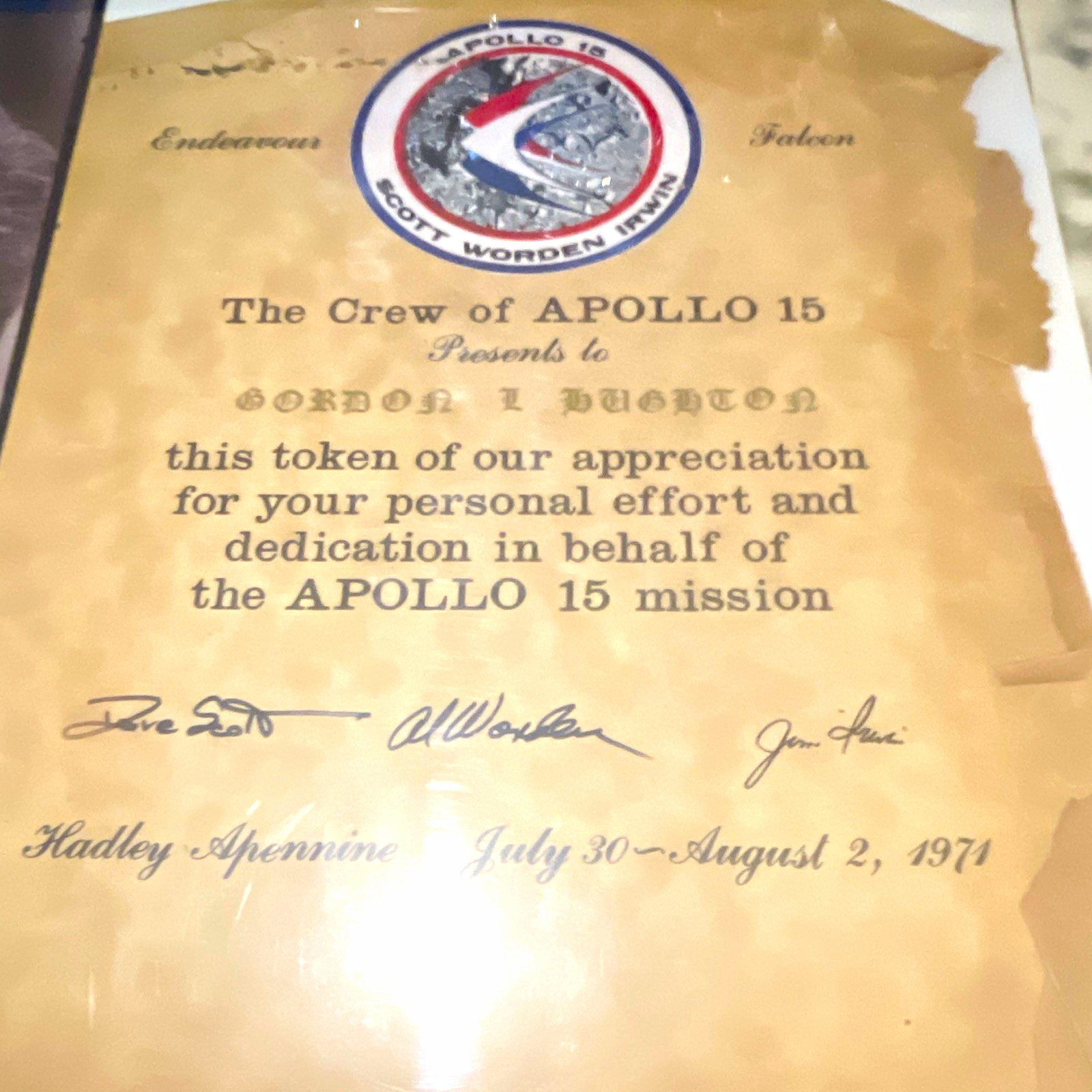 Apollo 15 Signed Presentation Certificate Document July 30–Aug 2, 1971