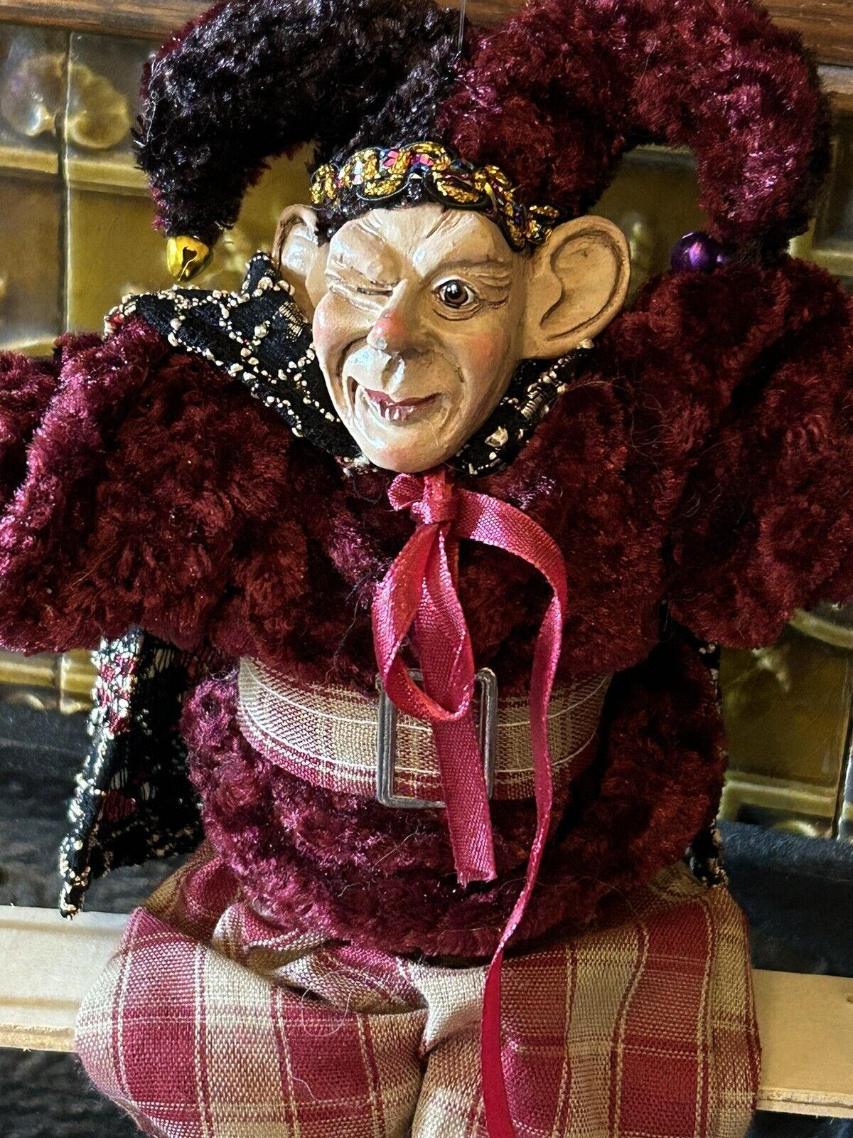 Creepy Jester Clown Doll Marionette Swing Red Velvet Mardi Gras 20” Hanging #2