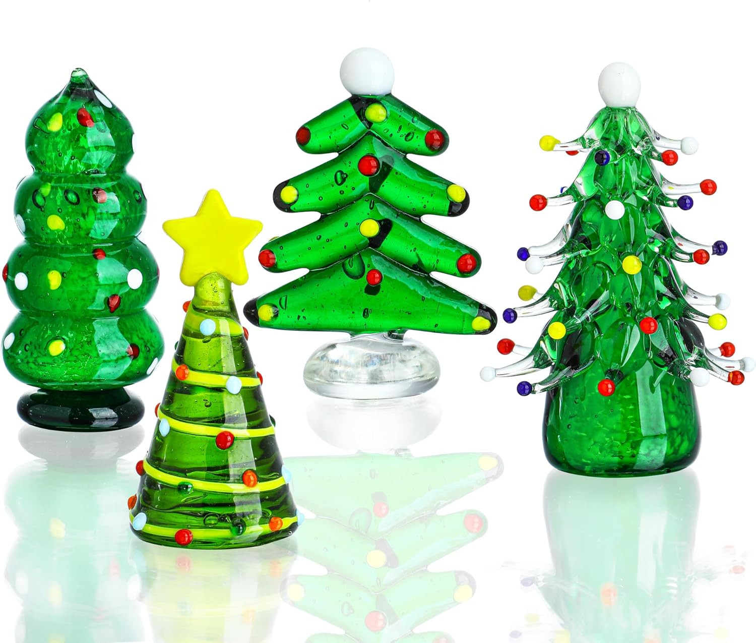 HDCRYSTALGIFTS Set 4 Blown Glass Christmas Tree Figurine Collectible 2.5\'\' Art G