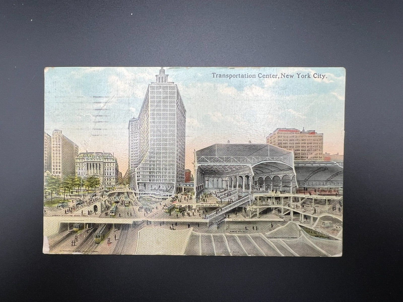 1913 POSTCARD TRANSPORTATION CENTER TROLLEY STATION  NEW YORK CITY NYC - J765