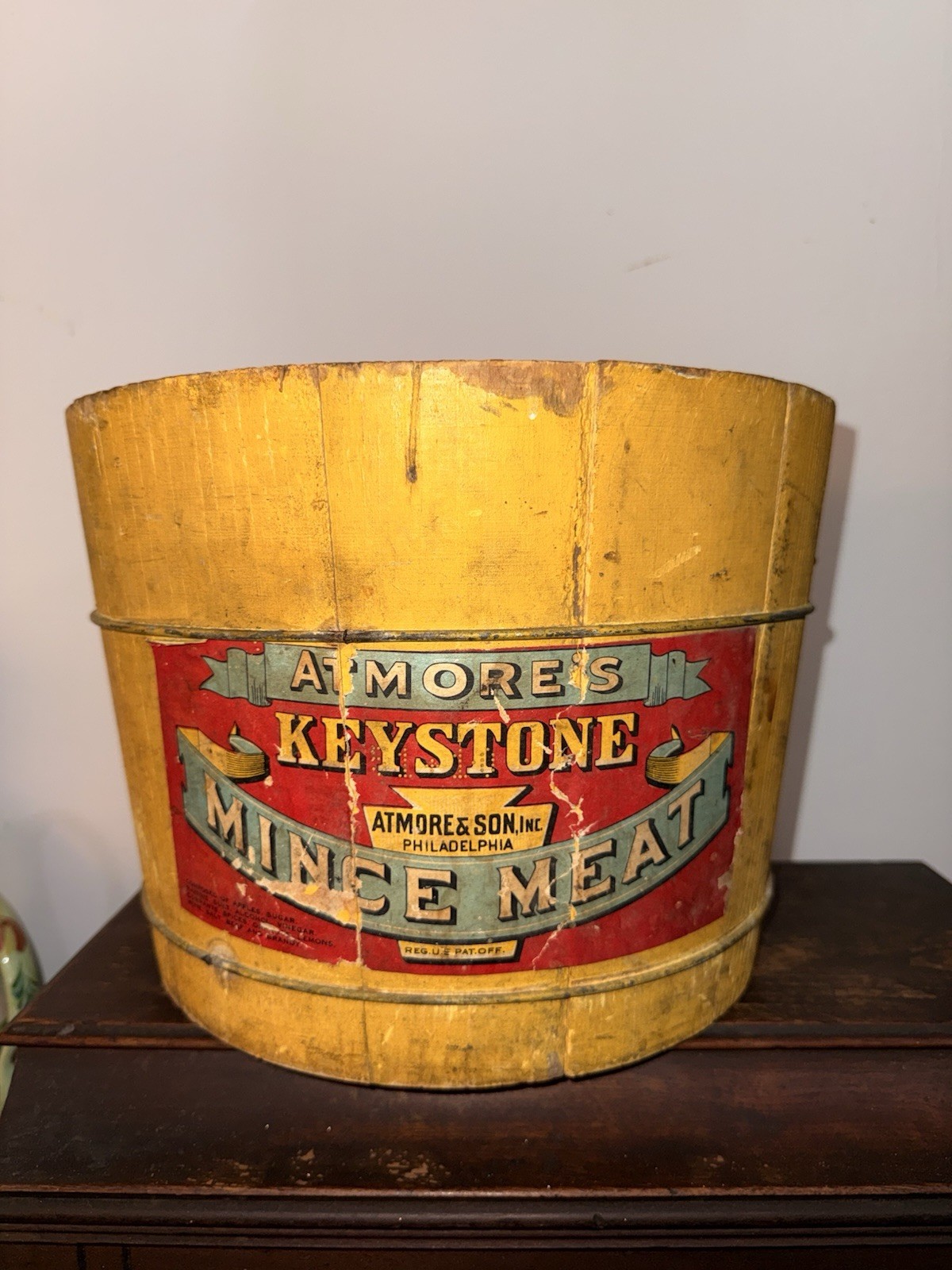 Vintage Atmore\'s Keystone Mince Meat Wooden Bucket Pail Philadelphia Litho Label Vintage Atmore\'s Keystone Mince Meat Wooden Bucket Pail Philadelphia Litho Label