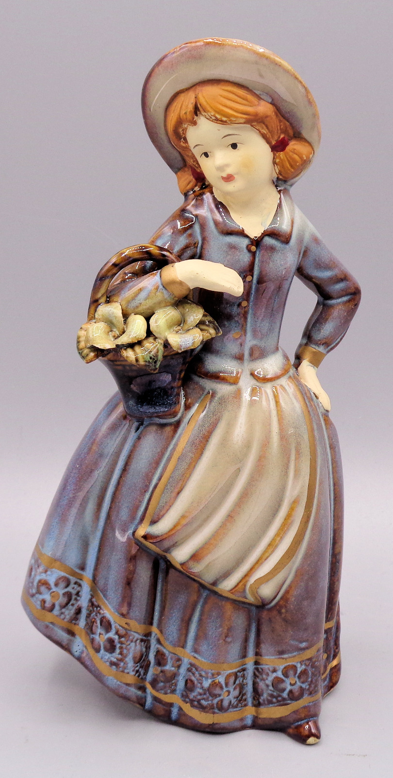 Vintage Pottery Hand Painted Glazed Figurine Girl With Basket of Flowers
