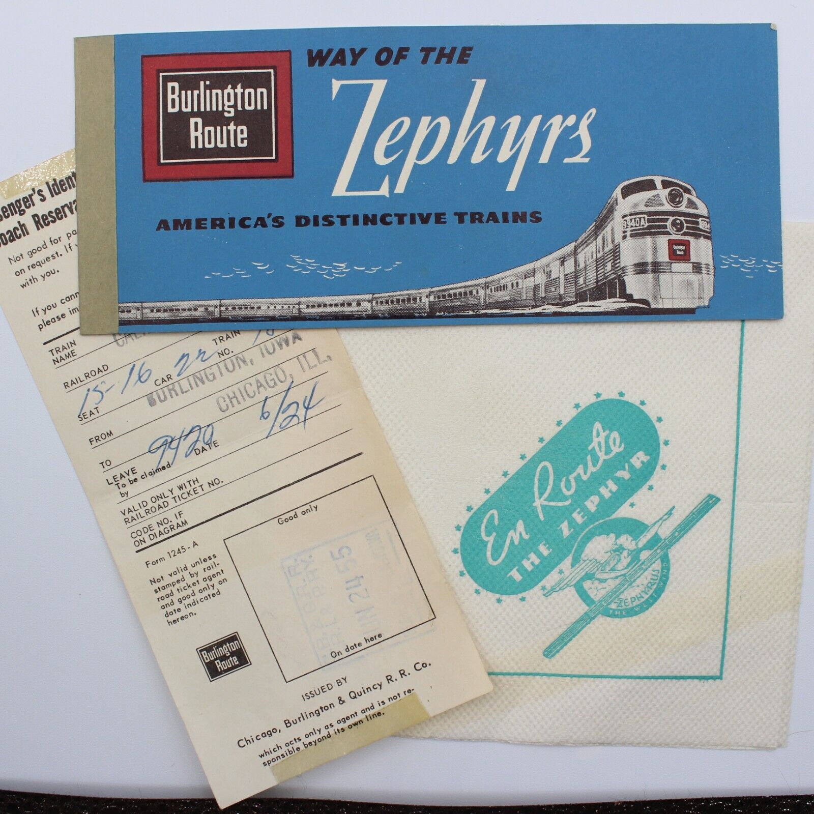 1955 Burlington Route Zephyrs Train Railroad Ticket Napkin Reservation Vintage