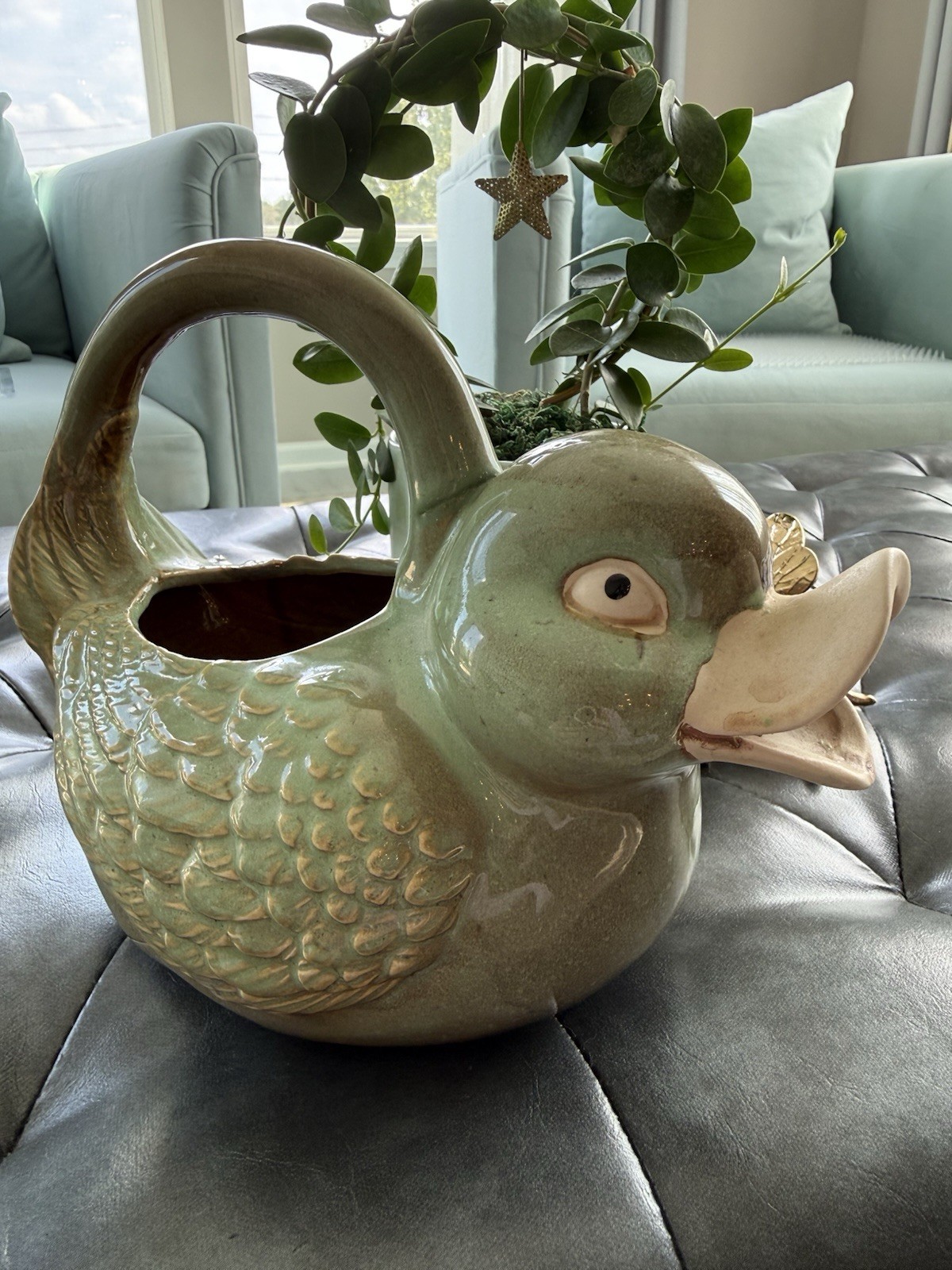 Vintage Hand Painted Green Ceramic Duck Planter Basket Watering Can Pitcher Vintage Hand Painted Green Ceramic Duck Planter Basket Watering Can Pitcher