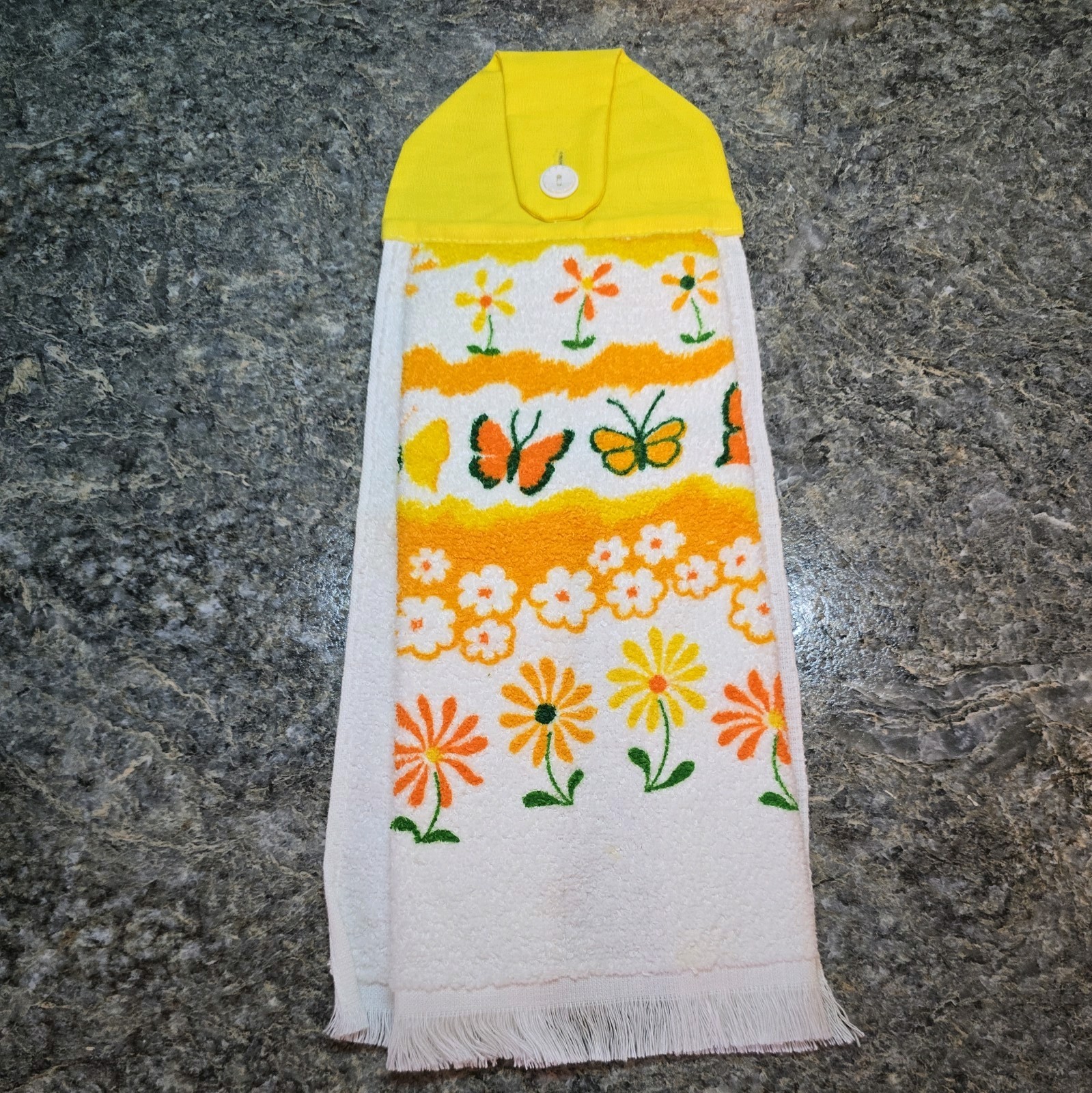 Vtg Retro 1970's Daisies Yellow Orange White Hanging Terrycloth Kitchen Towel 