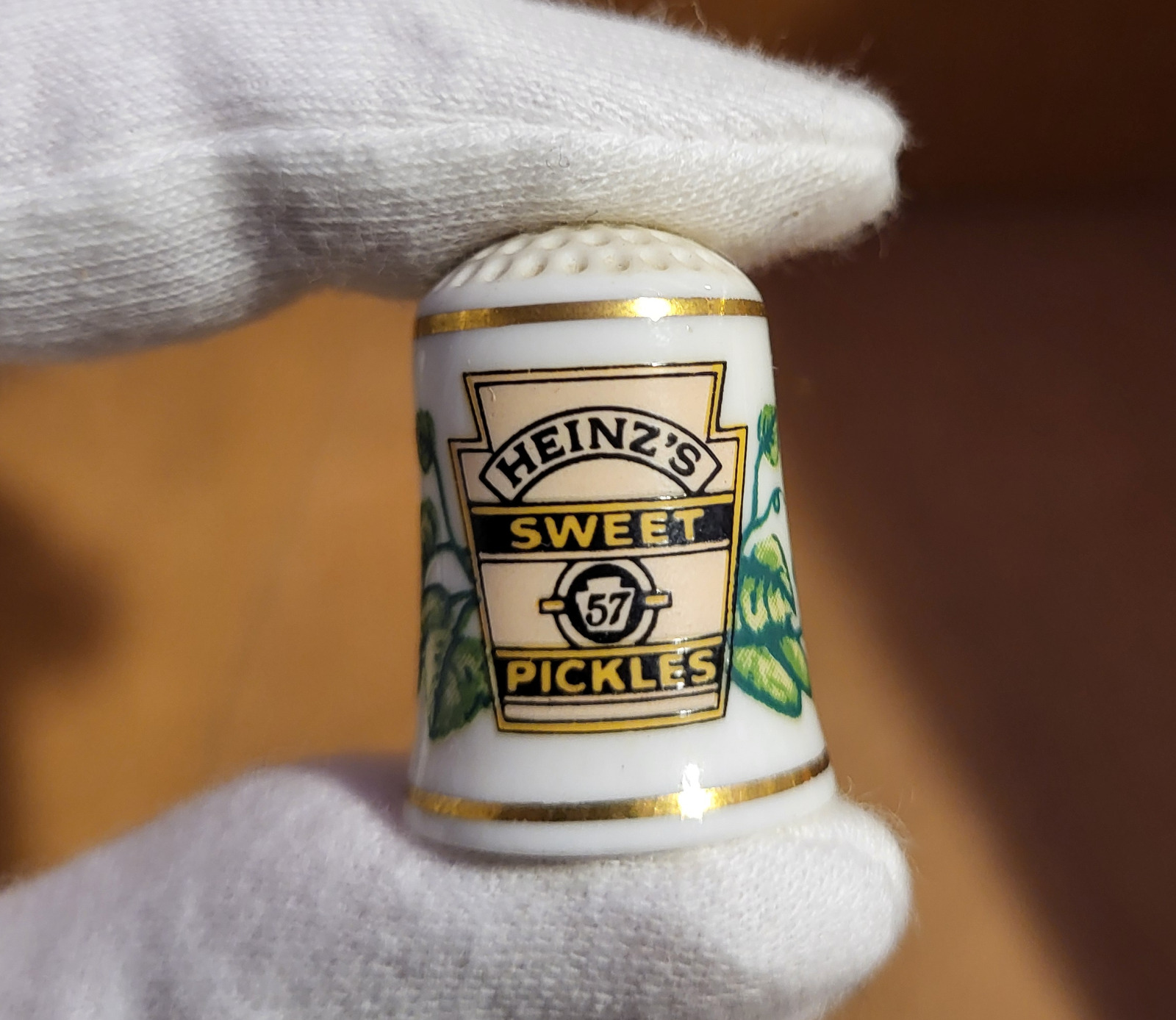 Vintage fine porcelain Heinz's Sweet Pickles advertising art thimble