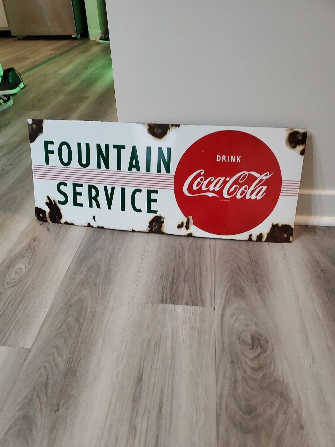 c.1940s Original Vintage Drink Coca Cola Sign Metal Porcelain Fountain Service 