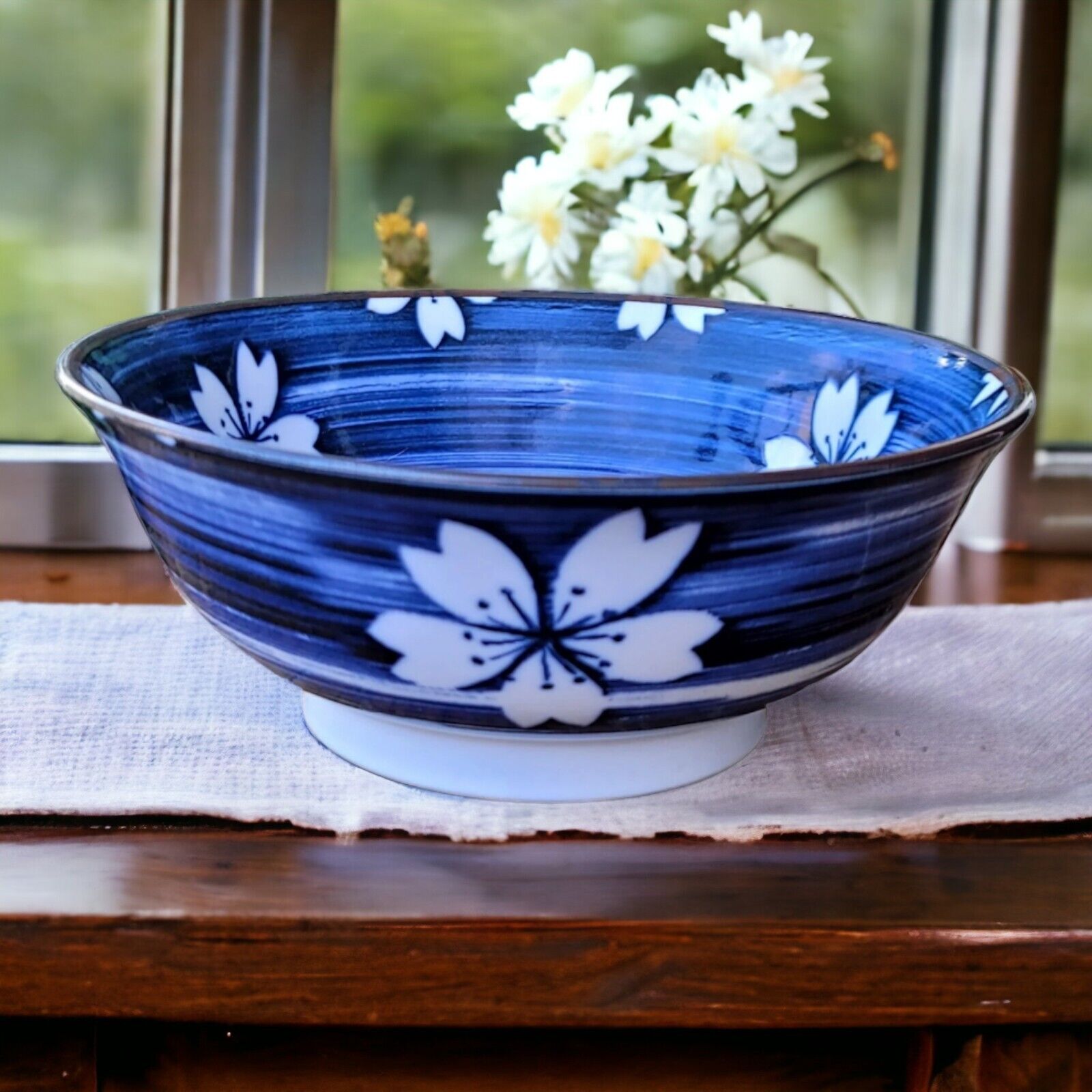 Japan Studio Pottery Bowl Floral Blue White Hand Painted Vintage 8\