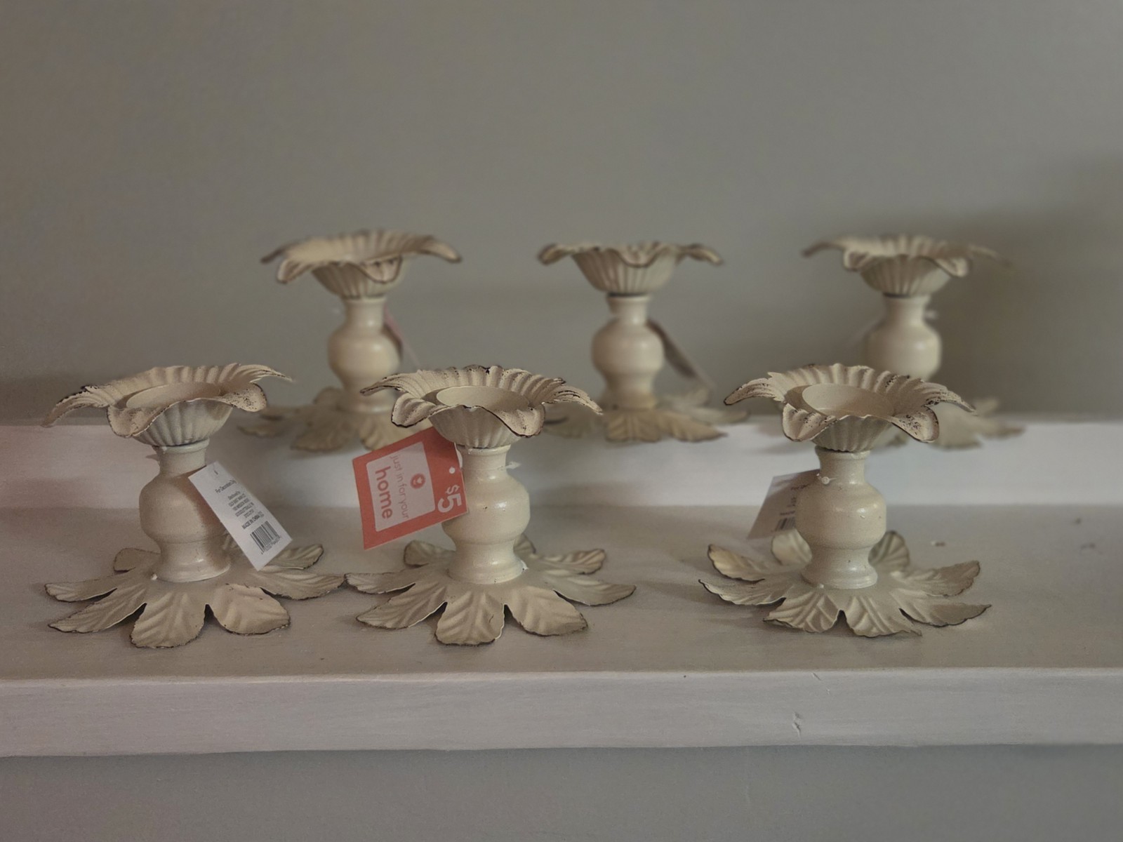 Lot of 6 Shabby Chic Metal Candlesticks White Distressed Floral Candle Holders Lot of 6 Shabby Chic Metal Candlesticks White Distressed Floral Candle Holders