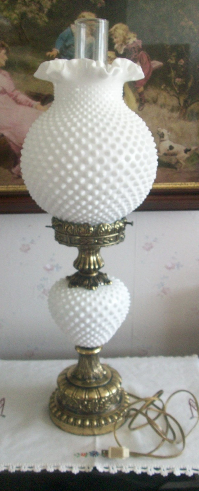 Early 1900's Fenton white hobnail milk glass ruffled globe hurricane GWTW lamp Early 1900's Fenton white hobnail milk glass ruffled globe hurricane GWTW lamp