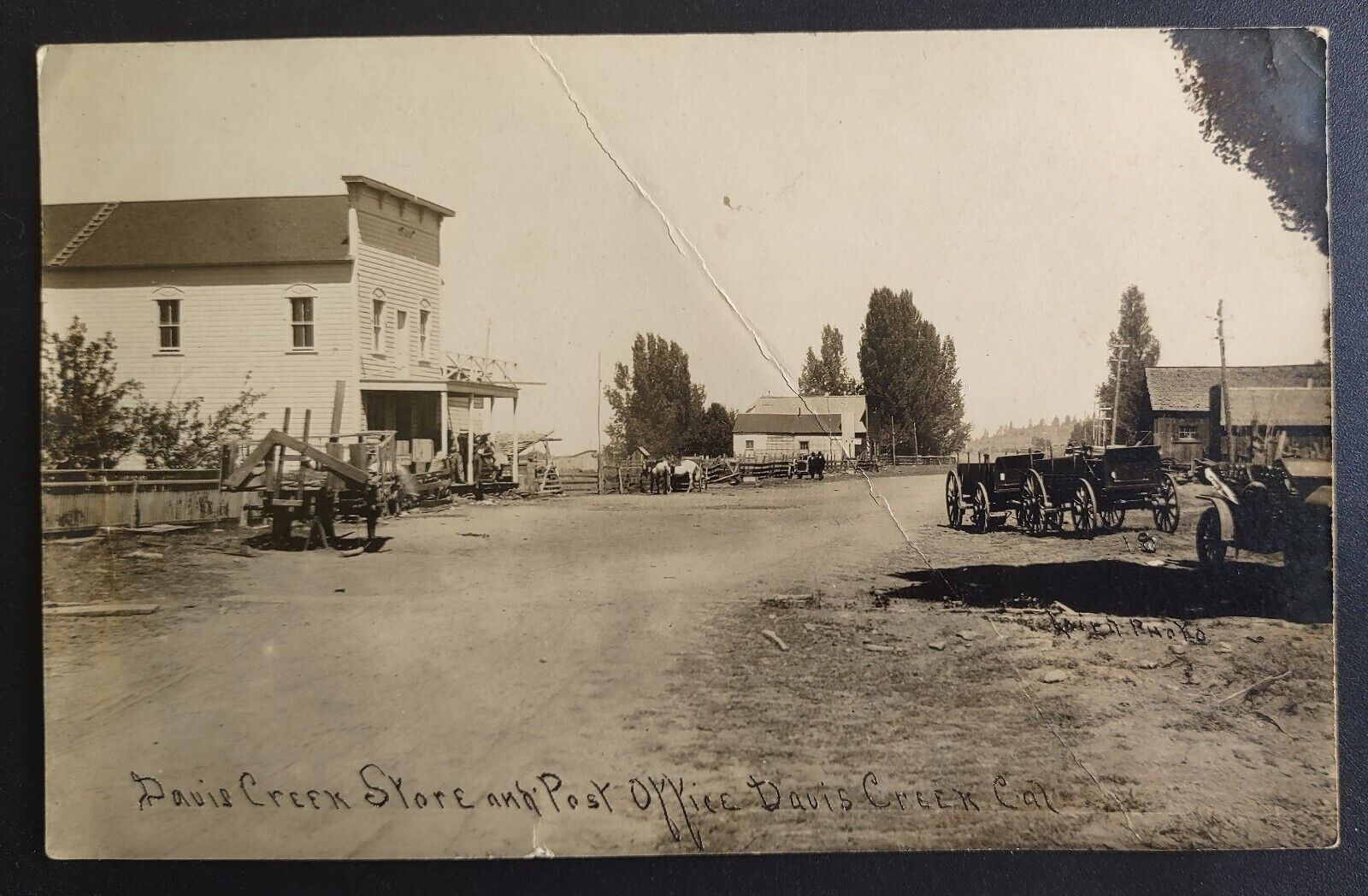RPPC Davis Creek California Store Post Office Horse Carriage Early Cars Yolo Co