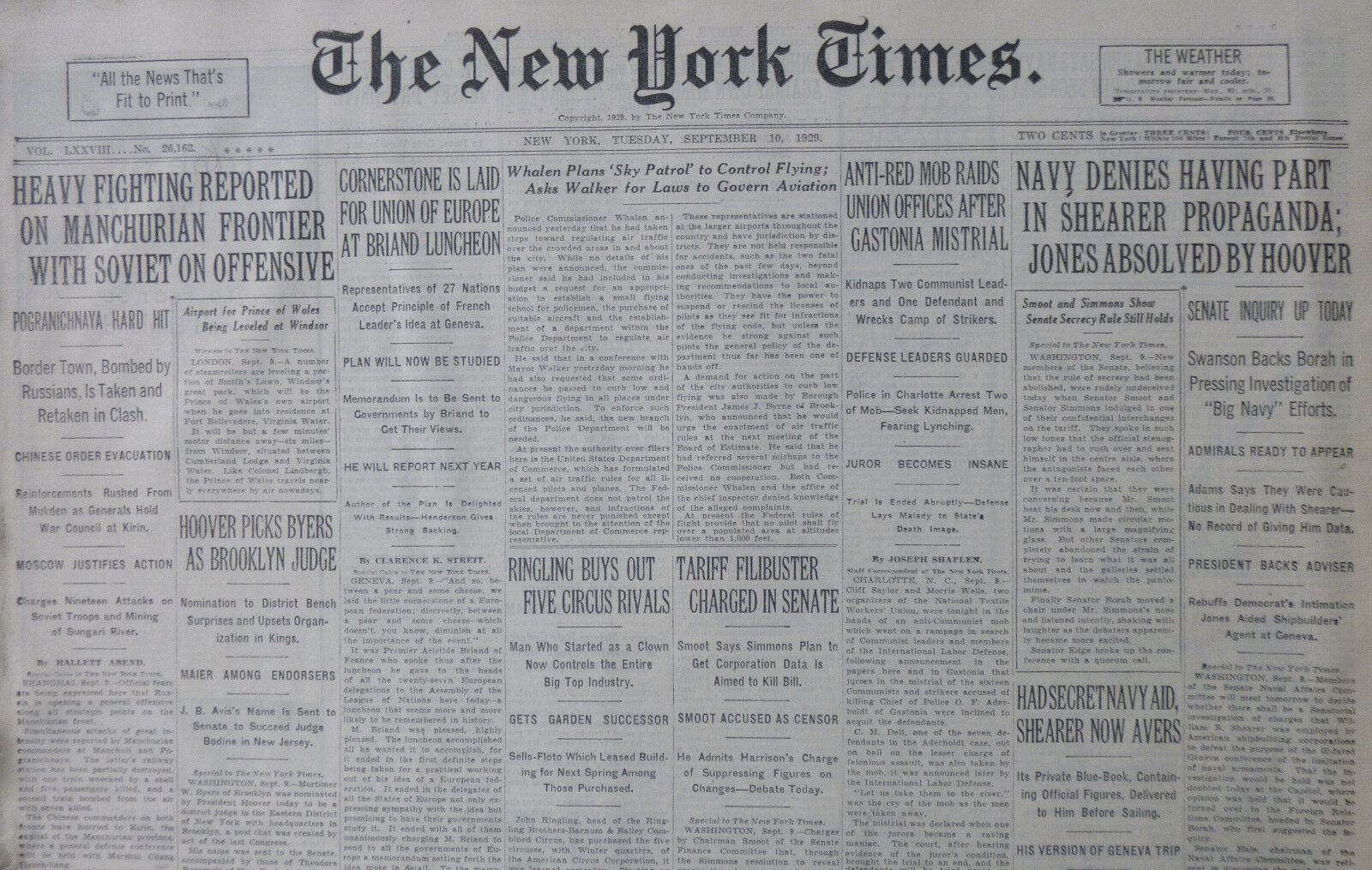 9-1929 September 10 HEAVY FIGHTING MANCHURIA BORDER STOCK MARKET NERVOUS WHALEN