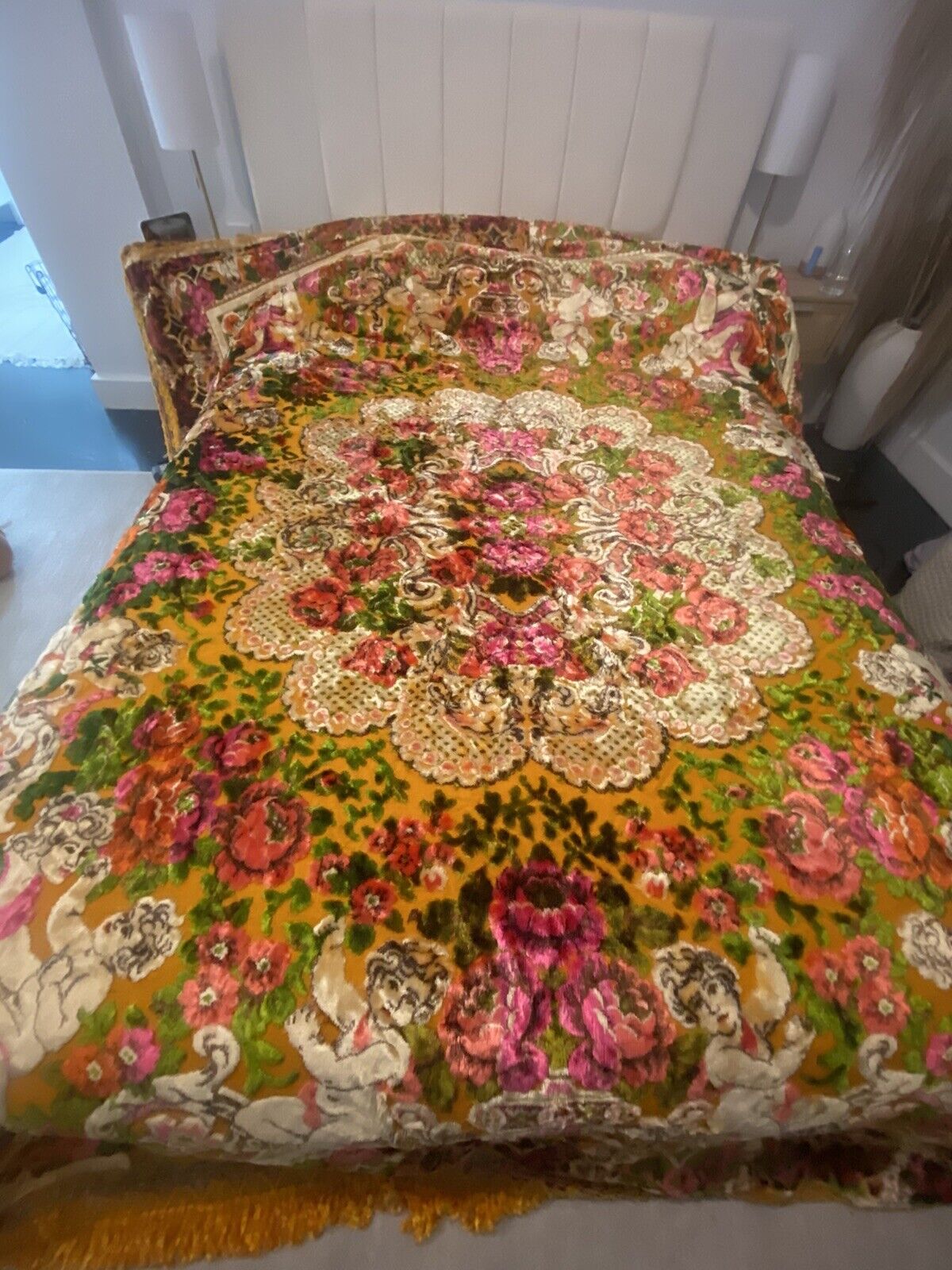 Vintage Gorgeous 1940s Italian Bedspread Tapestry Flowers & Cherubs Fits Queen
