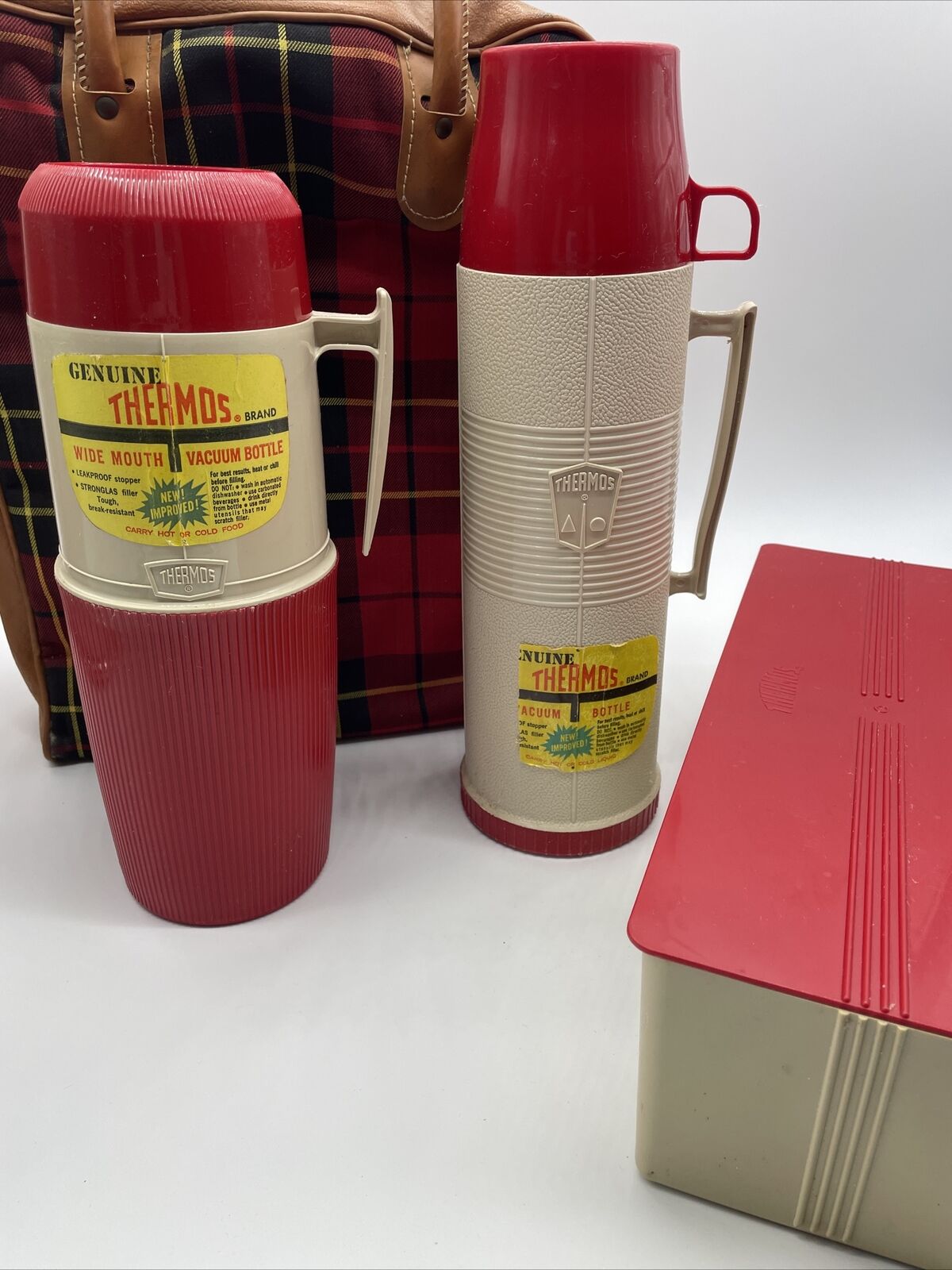 Vintage 1973 Thermos Set Of 3 King Seeley Red  Plaid Picnic Travel Set