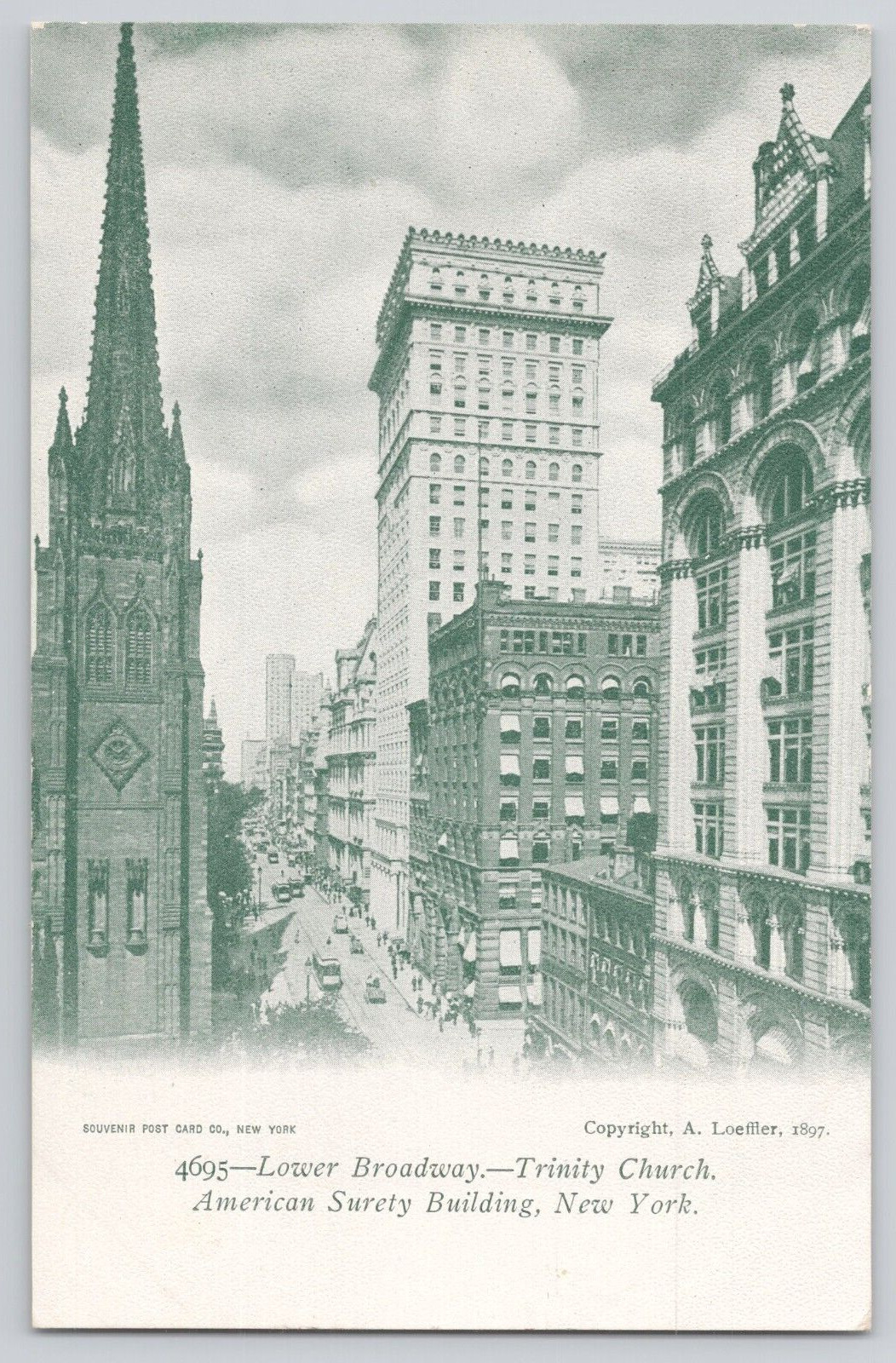Postcard Lower Broadway Trinity Church, American Surtey Building, New York c1900