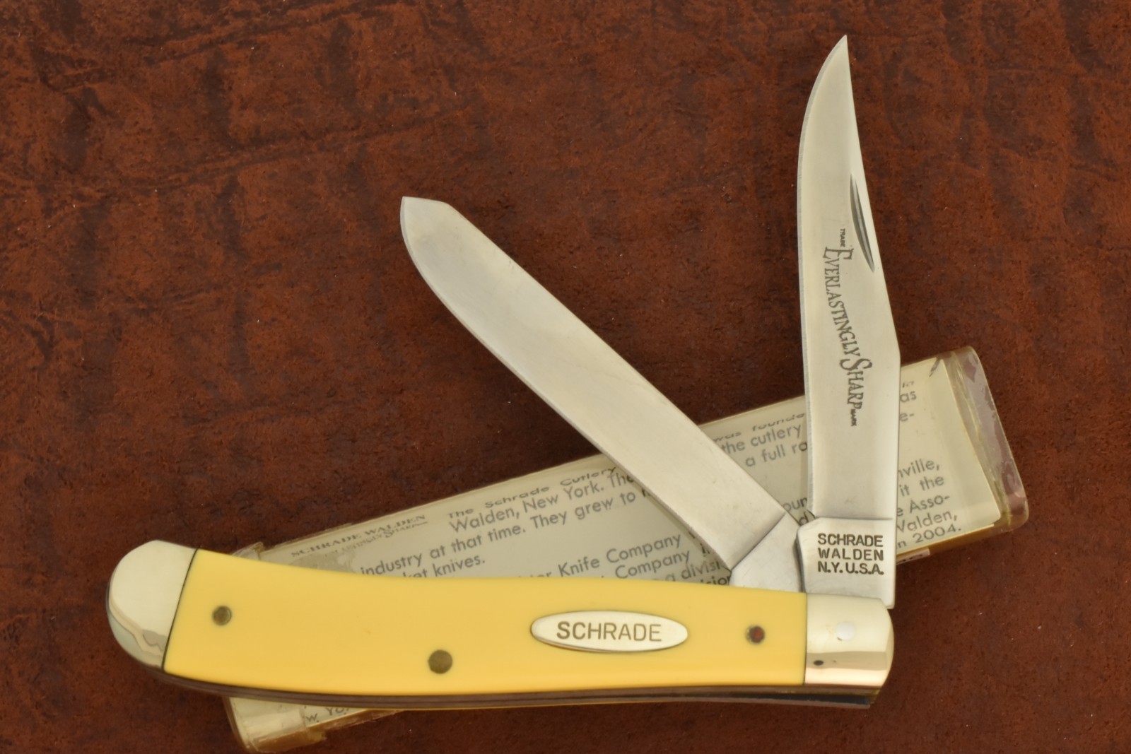 VINTAGE NOS SCHRADE WALDEN USA YELLOW TRAPPER KNIFE IN ORIG TUBE/BOX SWA293Y