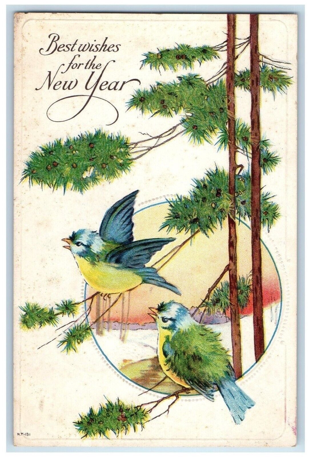1920 New Year Song Birds Pine Cone Embossed Norfolk Connecticut CT Postcard