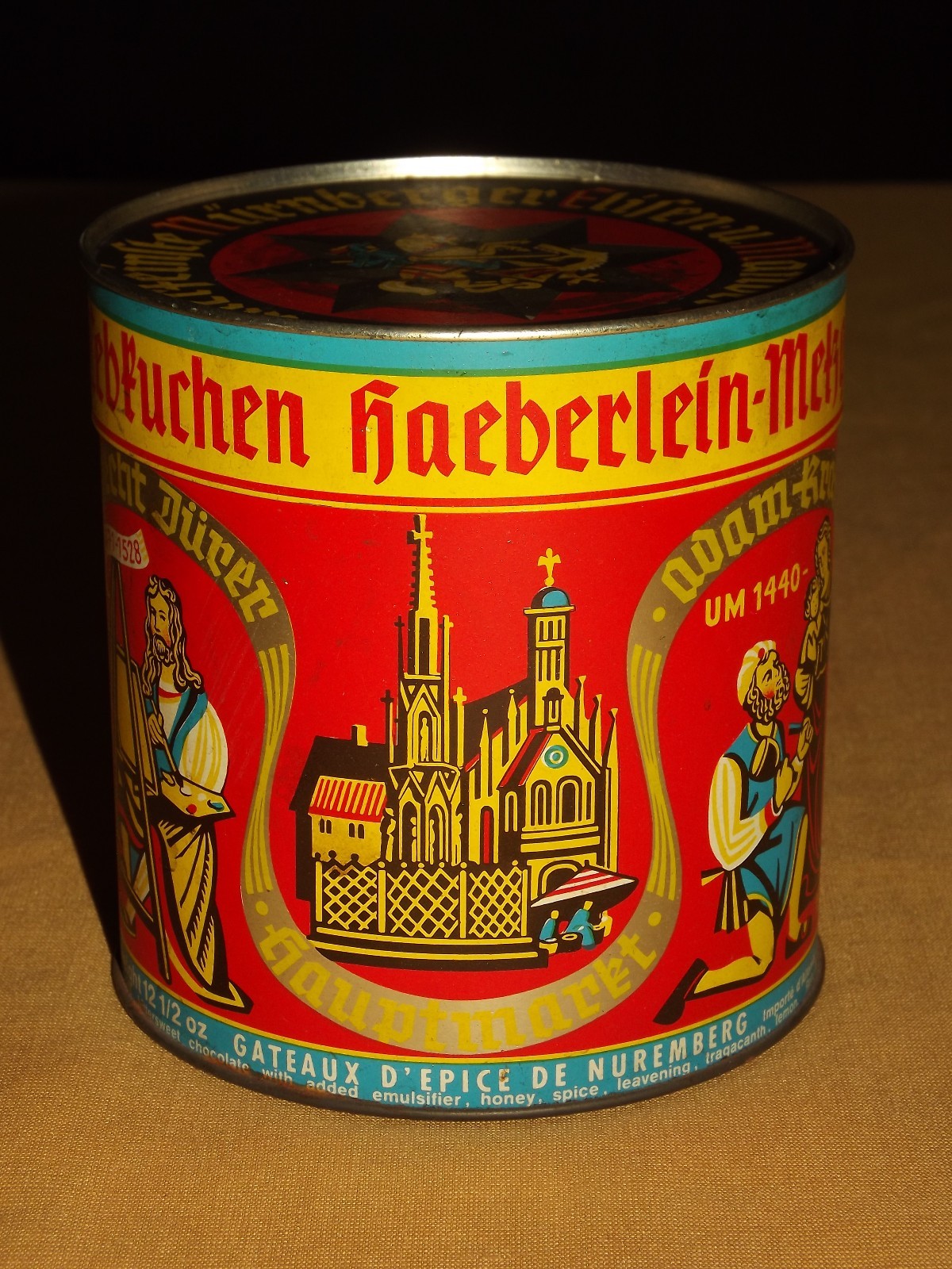VINTAGE CHRISTIAN GERMAN JESUS MARY HAEBERLEIN METZGER SPICED CAKES TIN CAN VINTAGE CHRISTIAN GERMAN JESUS MARY HAEBERLEIN METZGER SPICED CAKES TIN CAN
