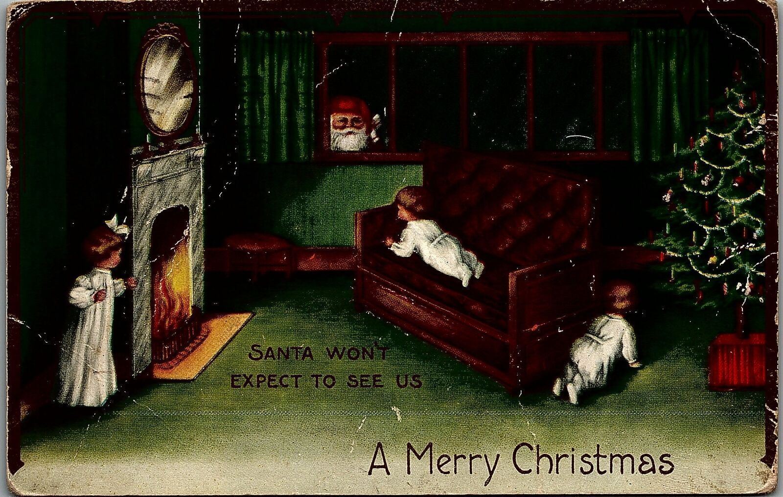 1905 MERRY CHRISTMAS CHILDREN HIDING SANTA UNDIVIDED EMBOSSED POSTCARD 39-108
