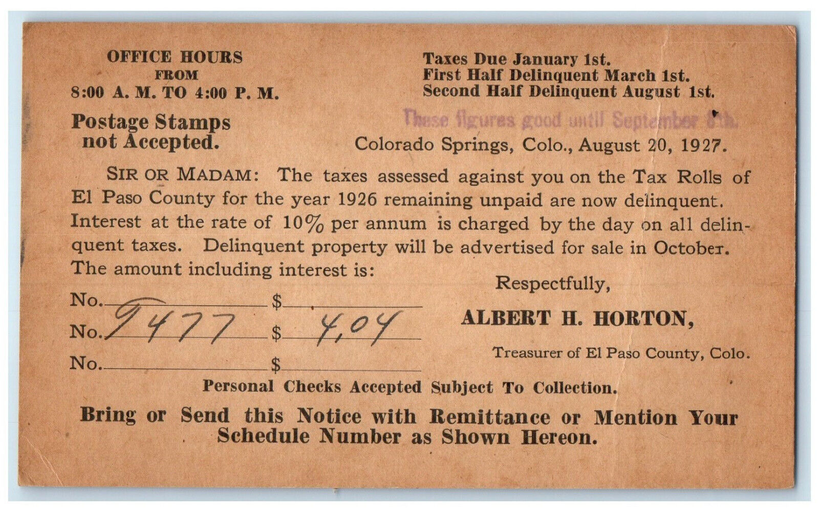 1927 Tax Rolls of El Paso County Colorado Springs Colorado CO Postal Card