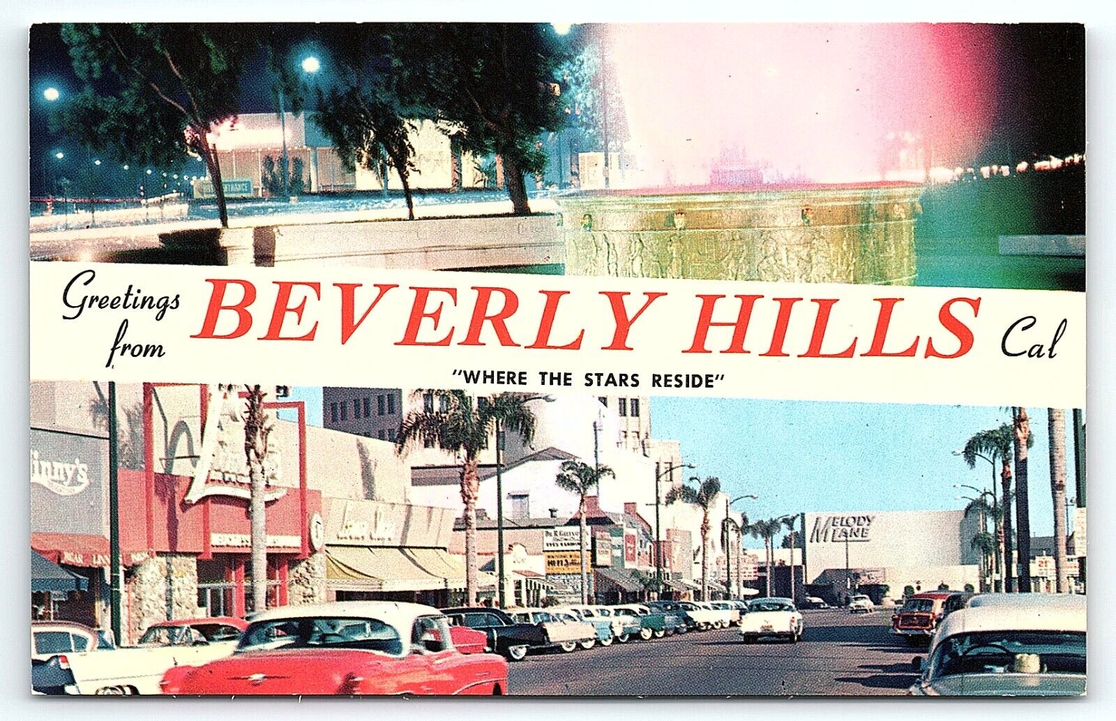 1950s BEVERLY HILLS CA STREET VIEW WHERE THE STARS RESIDE STORES POSTCARD P3053