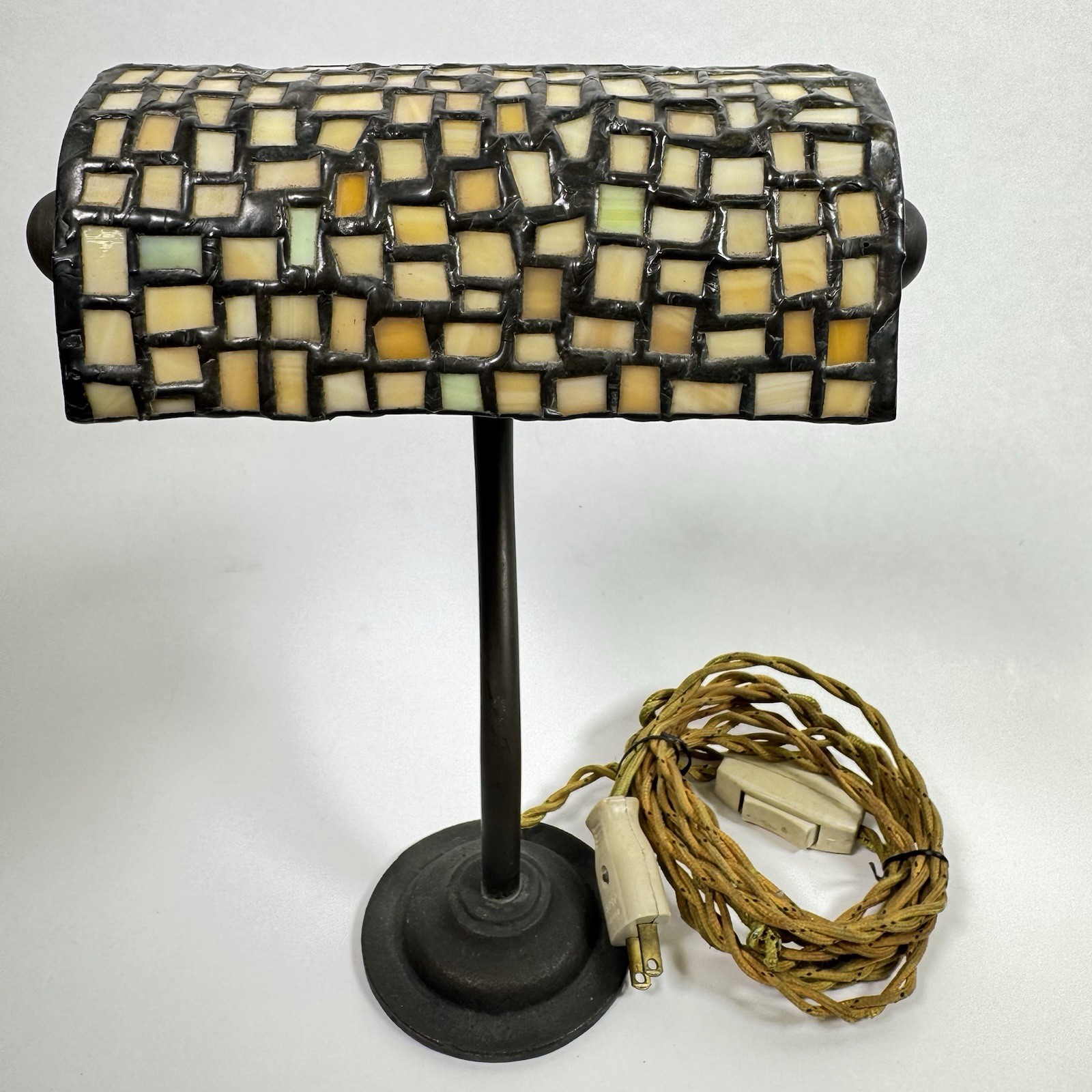Antique Arts Crafts Leaded Mosaic Glass Piano Desk Lamp Adjustable c1910-1920