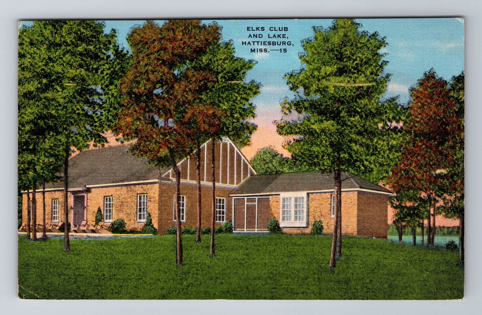 Hattiesburg MS-Mississippi, Elks Club And Lake, Antique, Vintage Postcard
