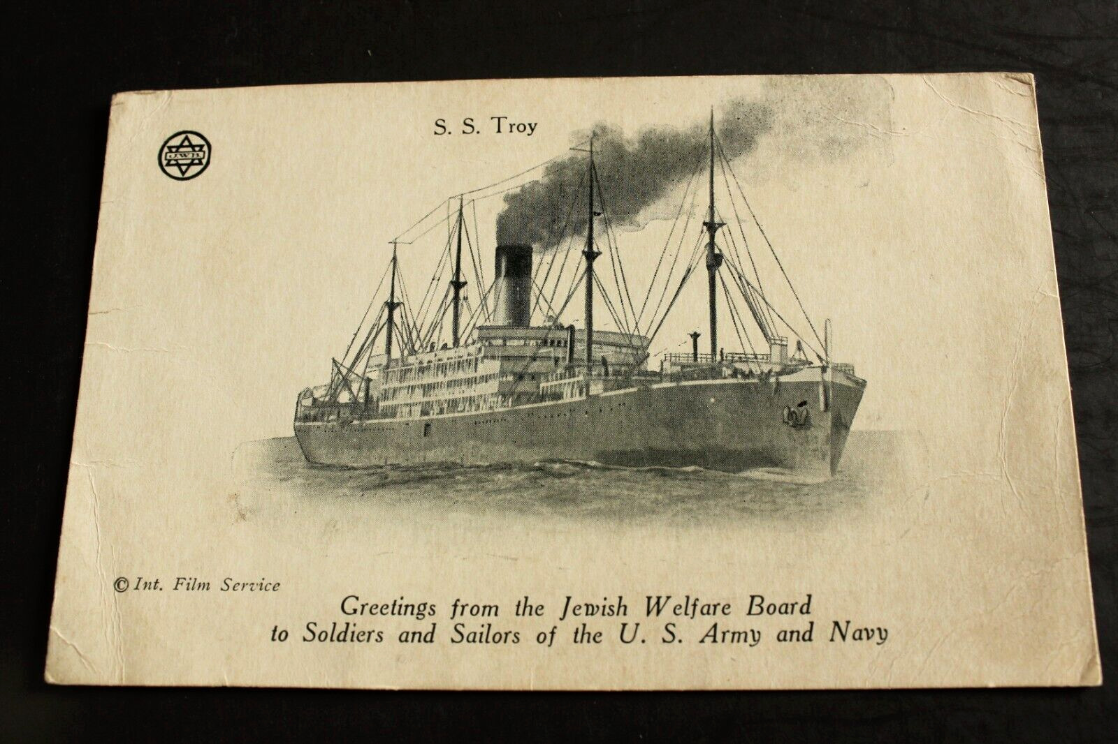 S.S. Troy Issued by the Jewish Welfare Board Circa 1919-20 Postcard of  ~ Ship,