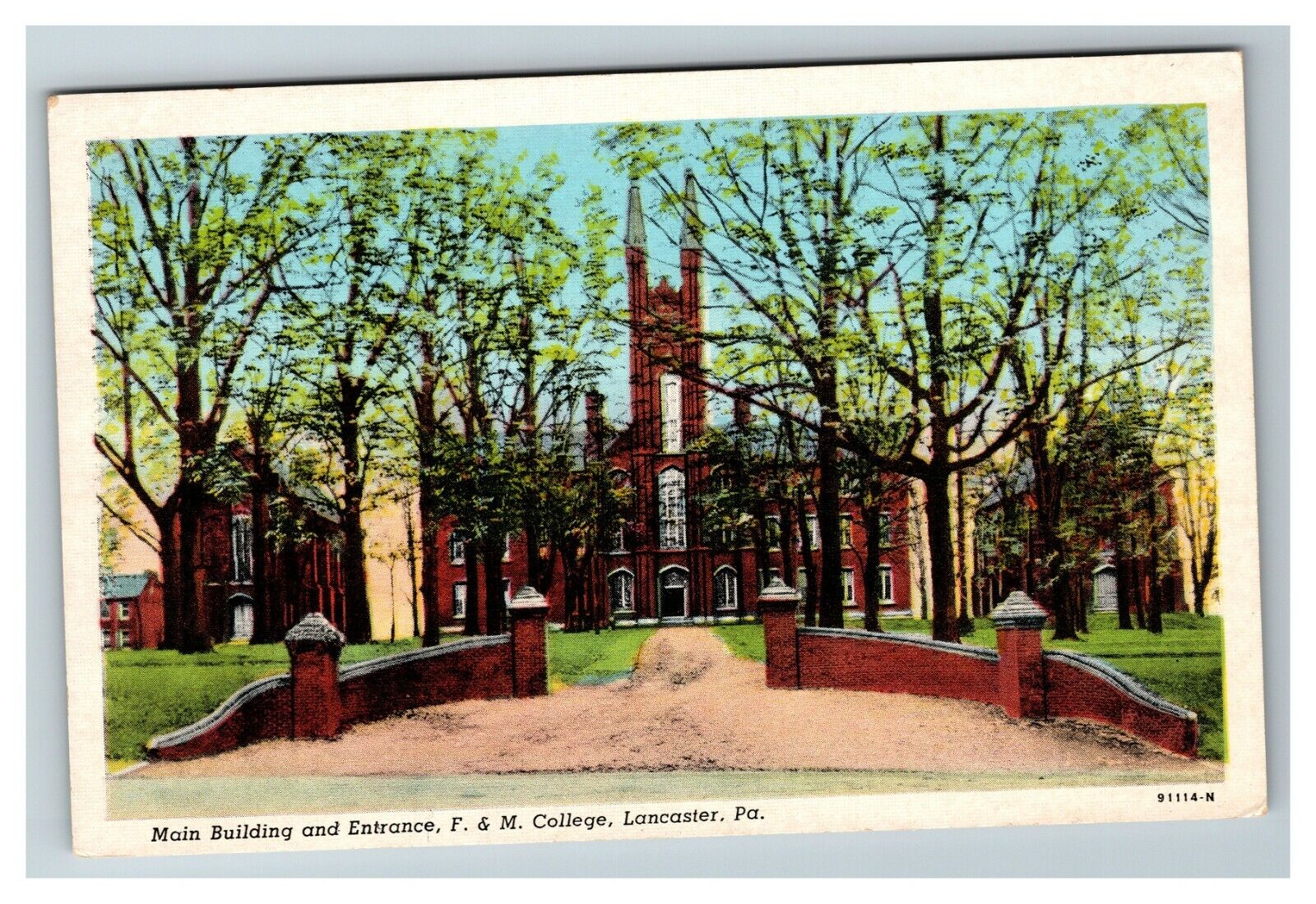 Main Building and Entrance, F & M College, Lancaster PA Vintage Postcard