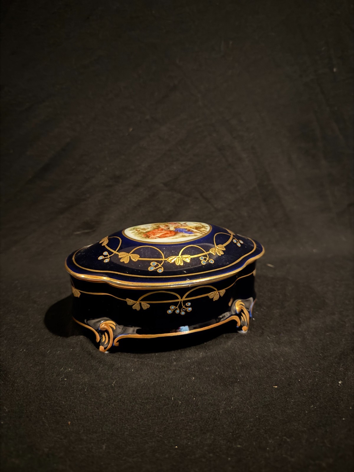 Vintage Cobalt Blue Porcelain Trinket Box Gold Filigree Romantic Pastoral Scene