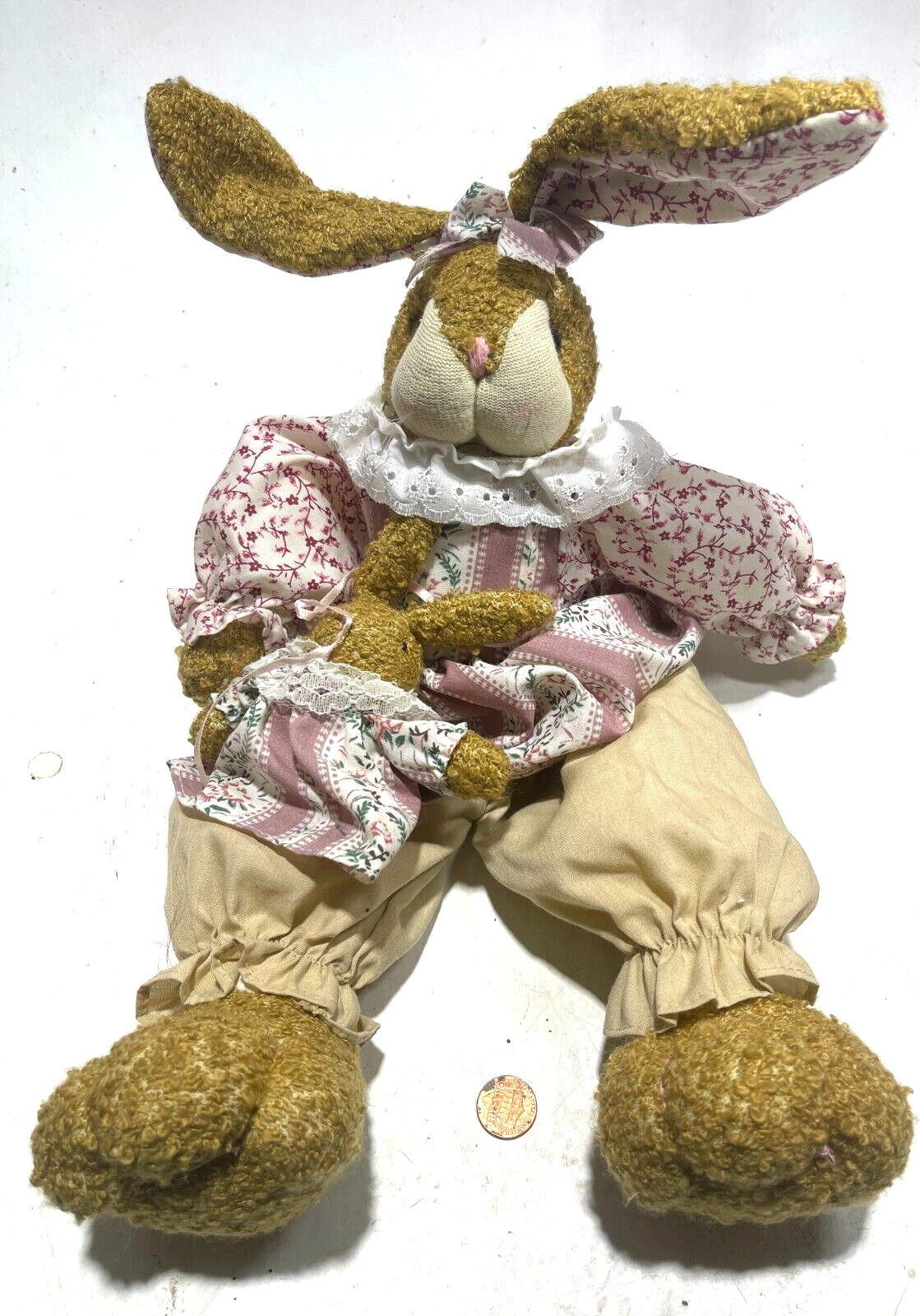 Vtg Spring Bunny Rabbit W/ Baby Rabbit Plush Lace Floral Dress Vtg Spring Bunny Rabbit W/ Baby Rabbit Plush Lace Floral Dress