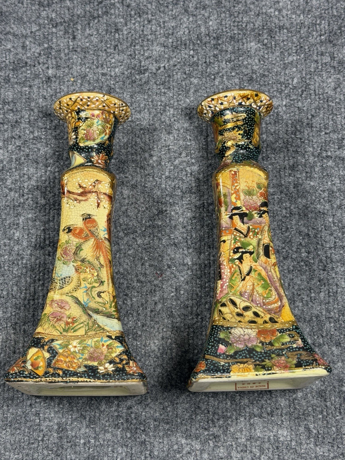 Vintage Pair, SATSUMA porcelain Candlestick Holders, Moriage, Gold Gilded, 8.5” Vintage Pair, SATSUMA porcelain Candlestick Holders, Moriage, Gold Gilded, 8.5”