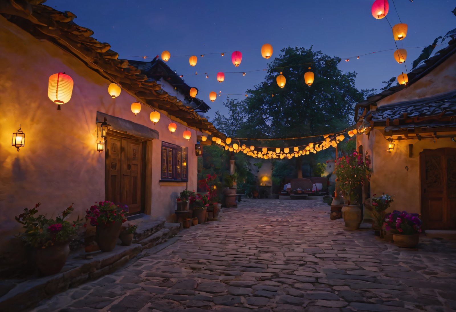 Village Ofrenda Courtyard at Twilight - Folk Art Wall Art Print
