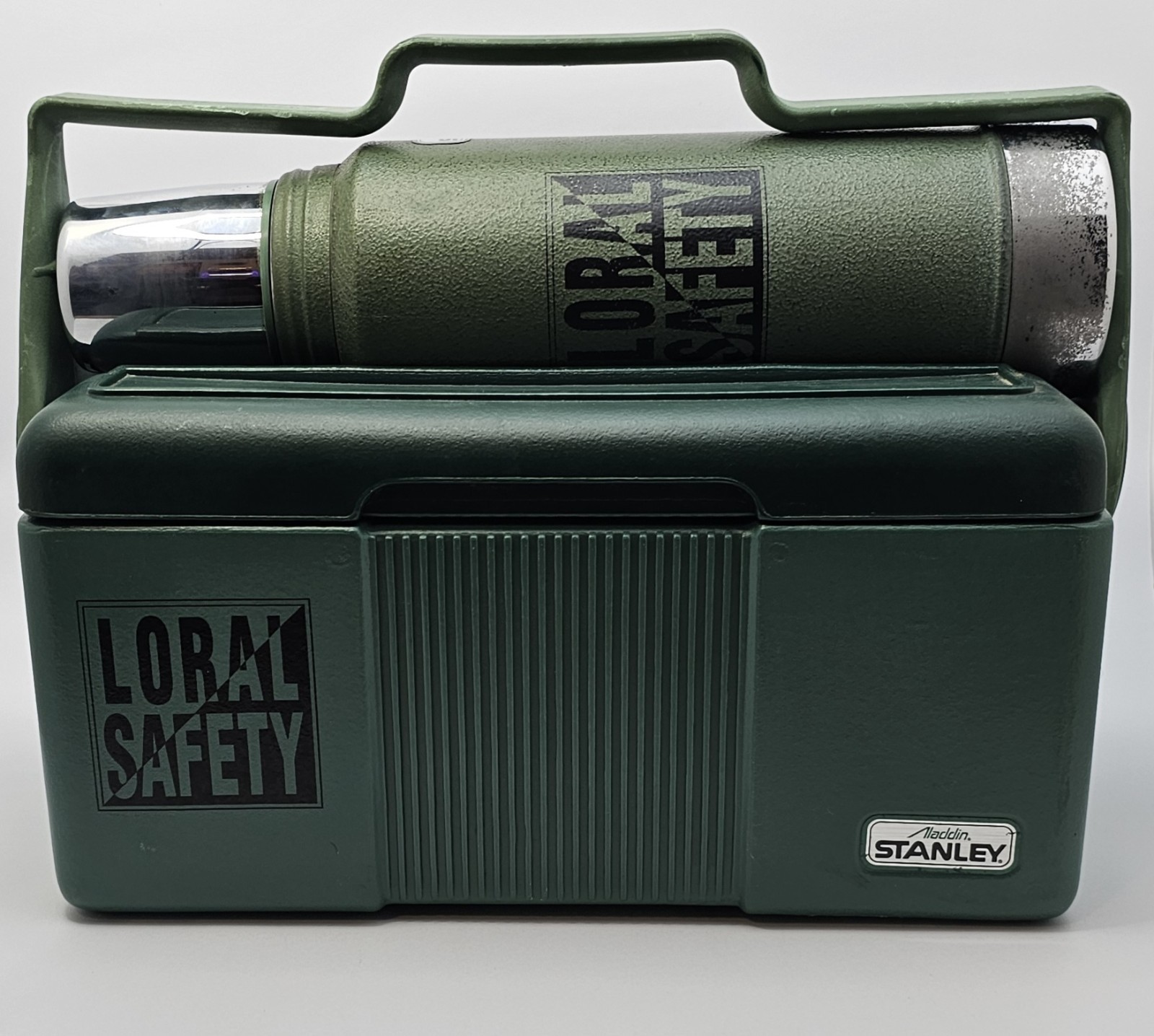Vintage Aladdin Stanley Lunch Box Cooler Thermos Combo Loral Safety Promo Green 