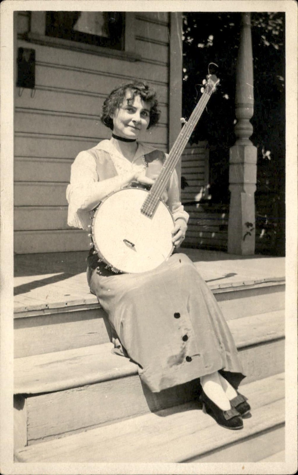 Fanny Hineline? Woman Banjo Player c1904-1918 Real Photo Vintage Postcard