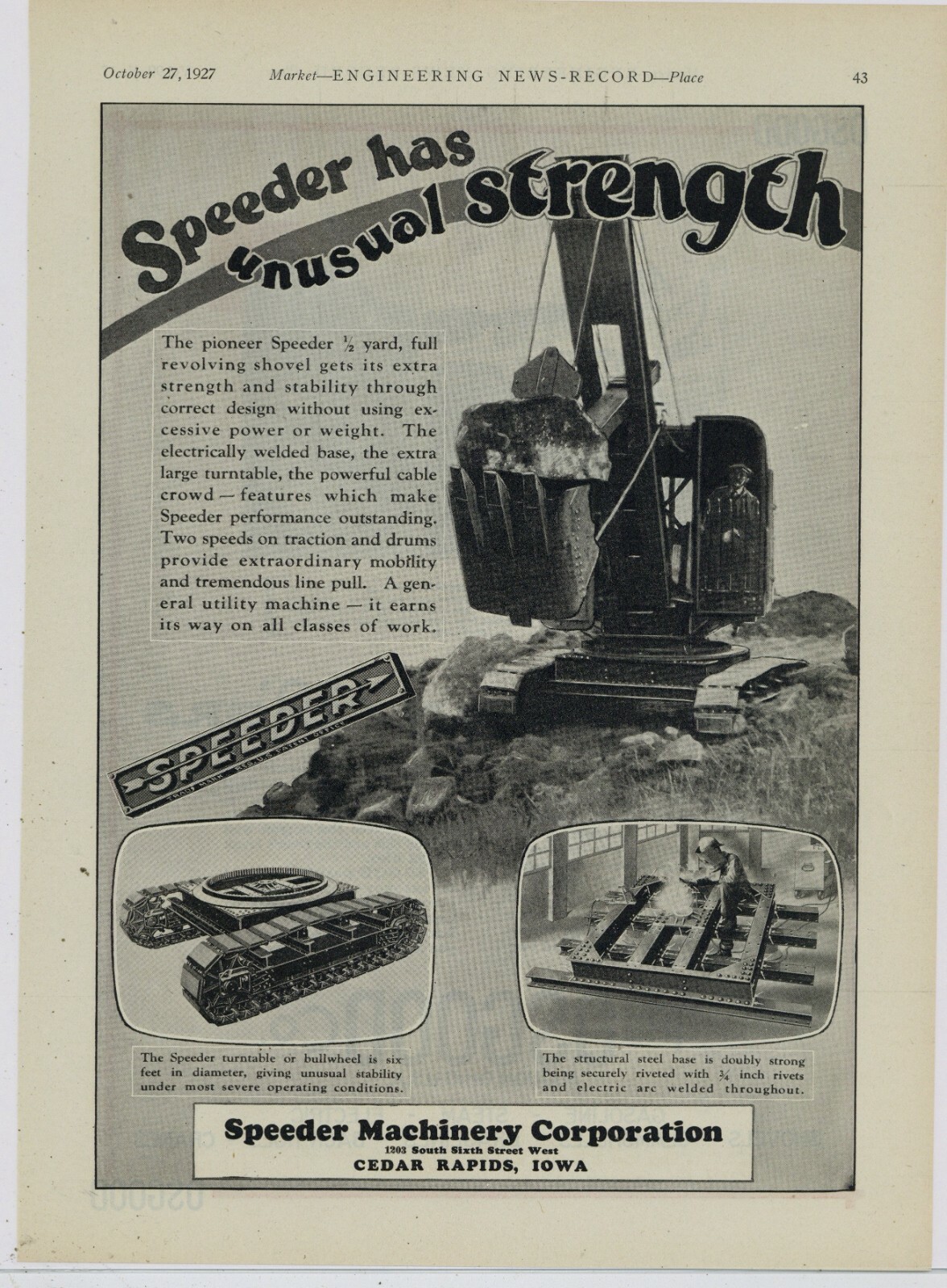 1927 Speeder Machinery Co. Ad: The Speeder Has Unusual Strength - Cedar Rapids