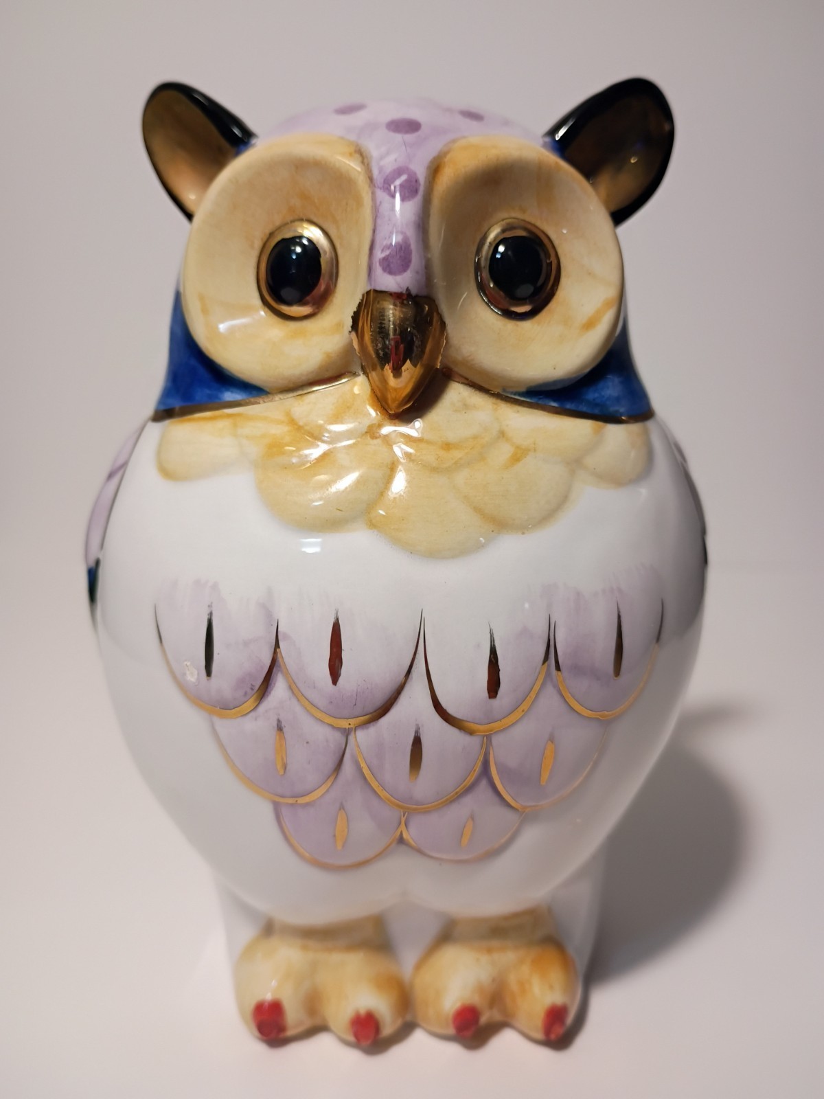 🔥1986 VINTAGE PORCELAIN OWL BY ANDREA #7596 BLUE, GOLD, & WHITE FIGURINE🔥