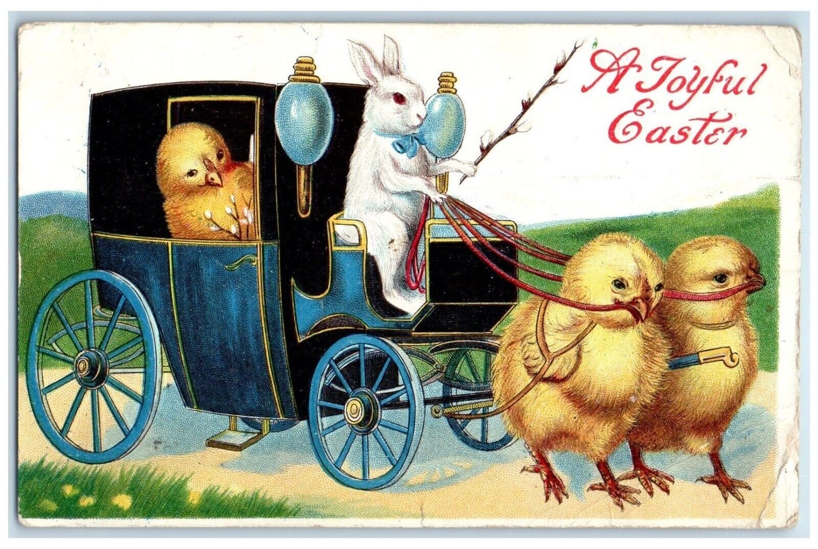 1911 Easter Wishes Chicks Pulling Carriage Pipe Berry Decorah Iowa IA Postcard