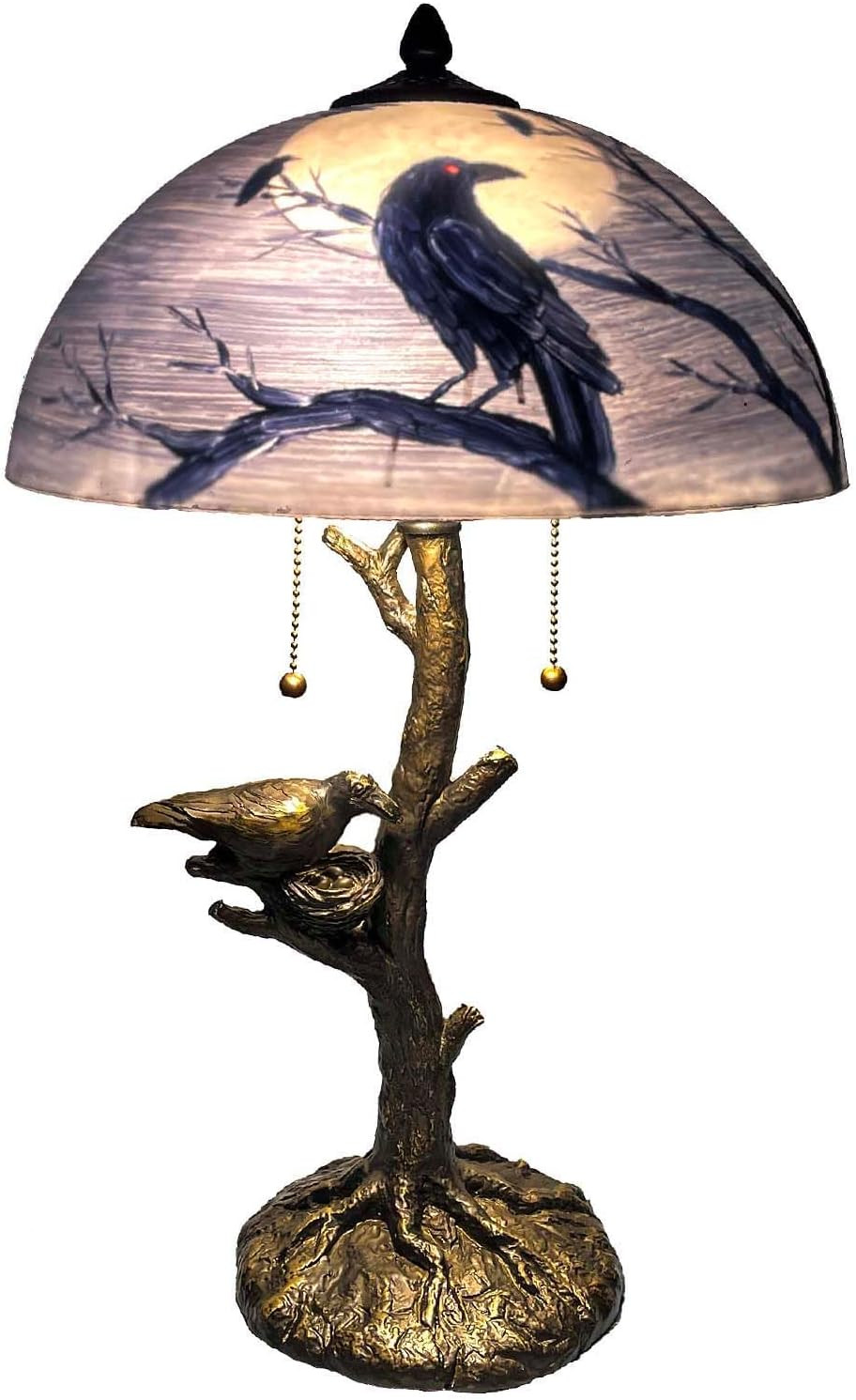 L10945 Dark Blue Raven Full Moon Hand-Painted Glass Table Lamp
