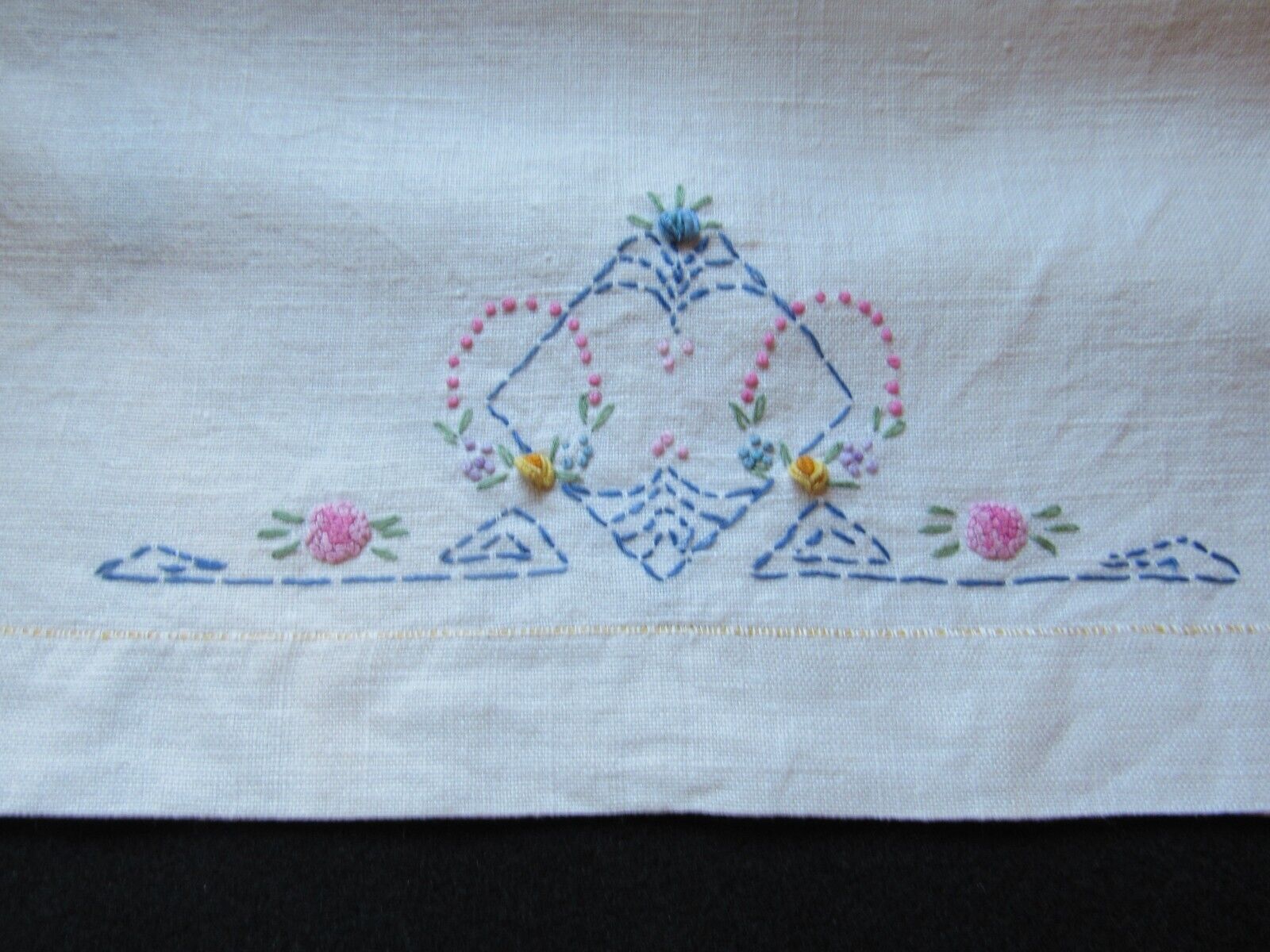 Vintage White Flax Linen Embroidered Towel Bullion French Knot Flowers Cottage