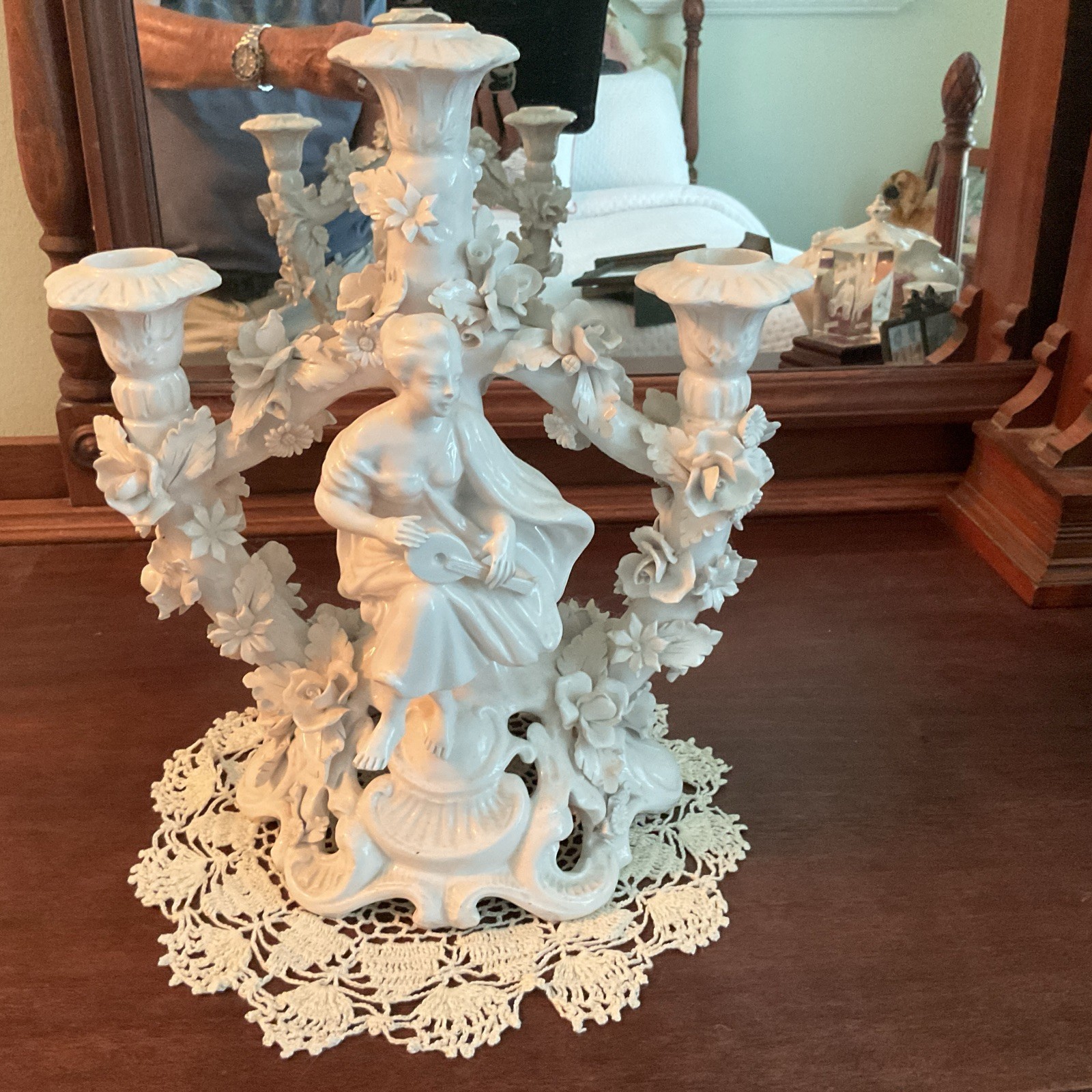 Vintage Italy Signed  White Porcelain Candle Holder Floral W/ Woman & Mandolin 
