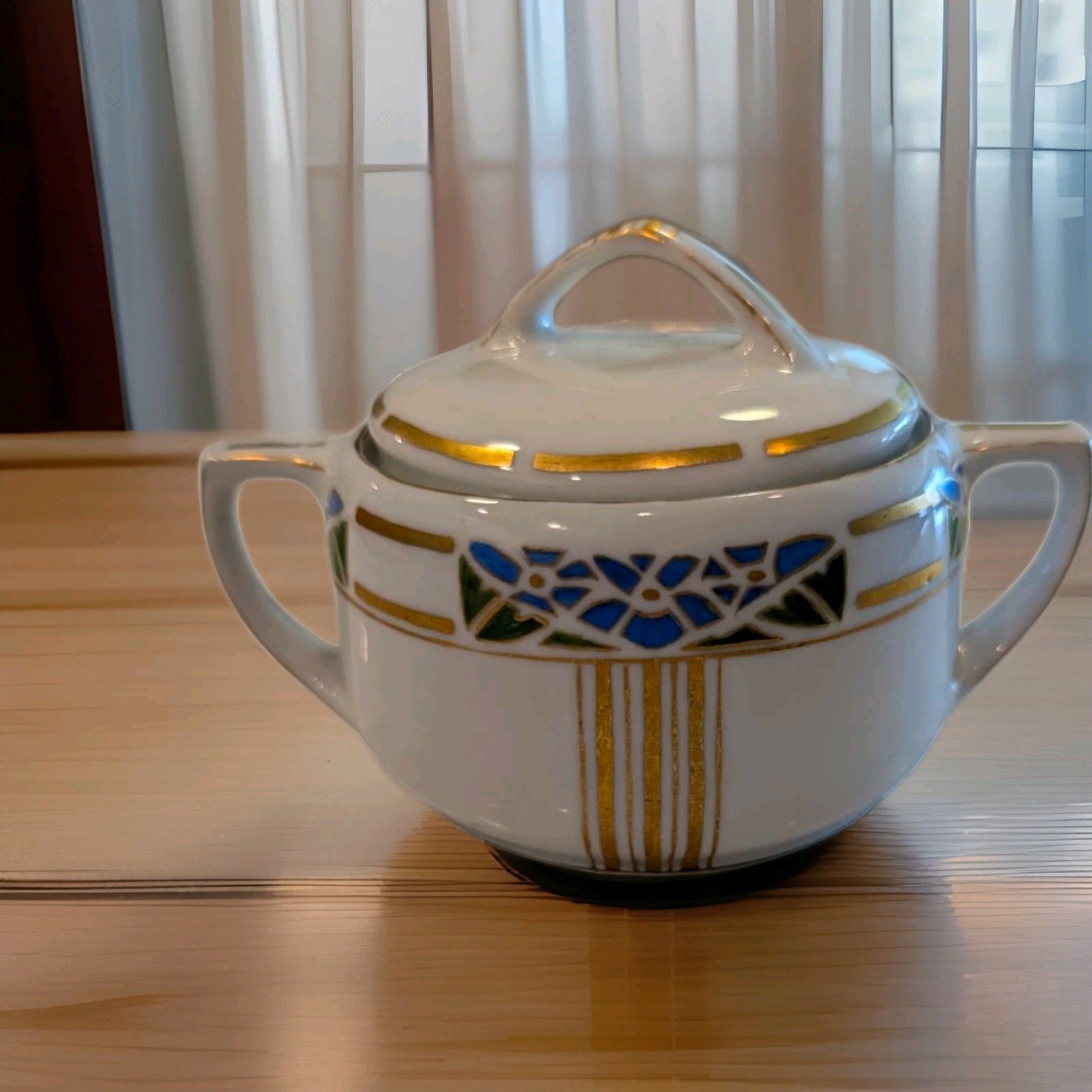 Antique 1911 MZ Austria Hand Painted Covered Sugar Bowl Signed E McC Gold