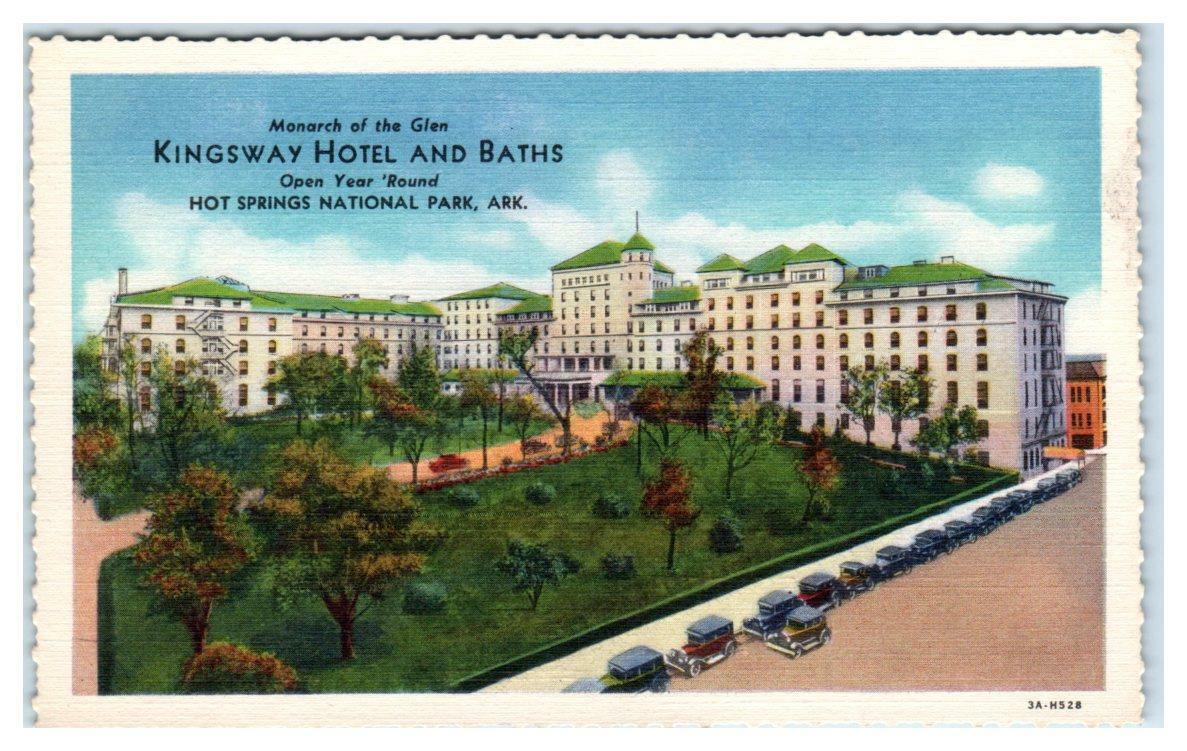 HOT SPRINGS NATIONAL PARK, AR ~ Roadside KINGSWAY HOTEL  c1930s Cars  Postcard