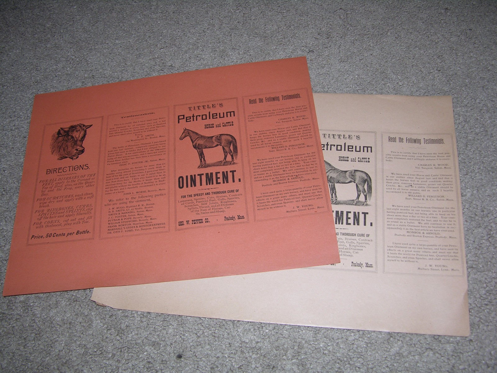 2 Antique Tittle's Petroleum Horse & Cattle Ointment Bottle/Box Label,Peabody MA 2 Antique Tittle's Petroleum Horse & Cattle Ointment Bottle/Box Label,Peabody MA