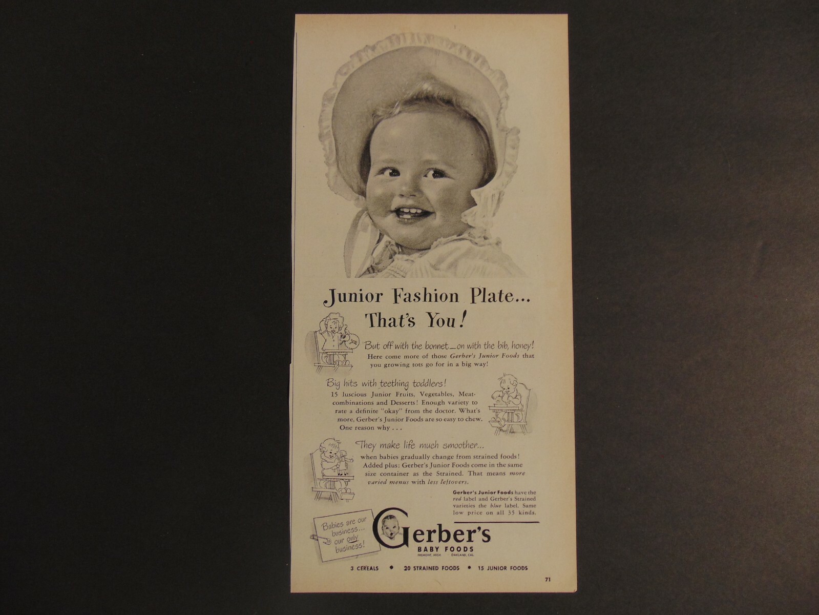 1948 GERBER\'S BABY FOOD Cute Baby Wearing Bonnet vintage art print ad 1948 GERBER\'S BABY FOOD Cute Baby Wearing Bonnet vintage art print ad