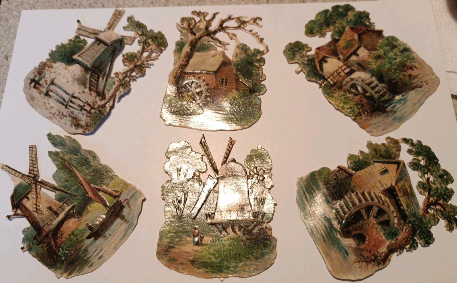 1880s Victorian Die - Cut. Waterwheel, Windmills, Boat, Lot Of 6  (S8) 