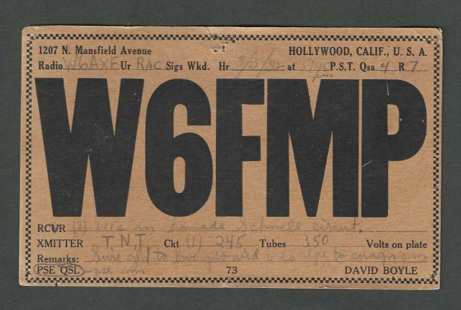 1932 Early Ham Radio (QSL) Card Call Letters W6FMP Los Angeles Ca