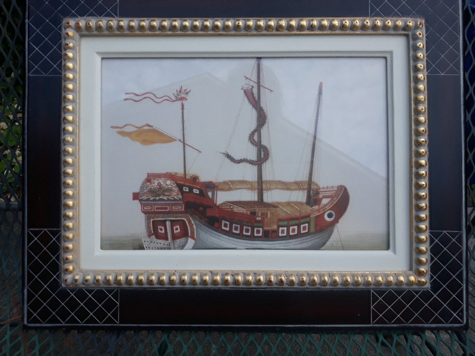 Vintage ornate framed Chinese Print Junk Boat